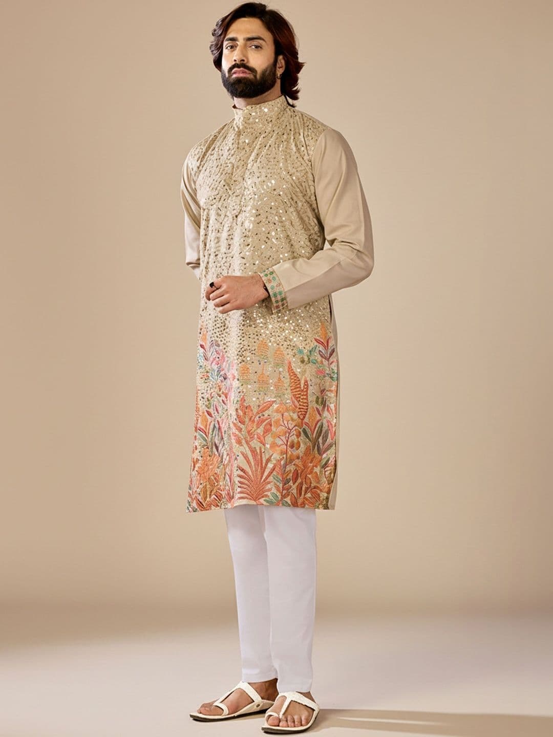 INDIROOP Men Ethnic Motifs Embroidered Mandarin Collar Straight Cotton Kurta - view 1