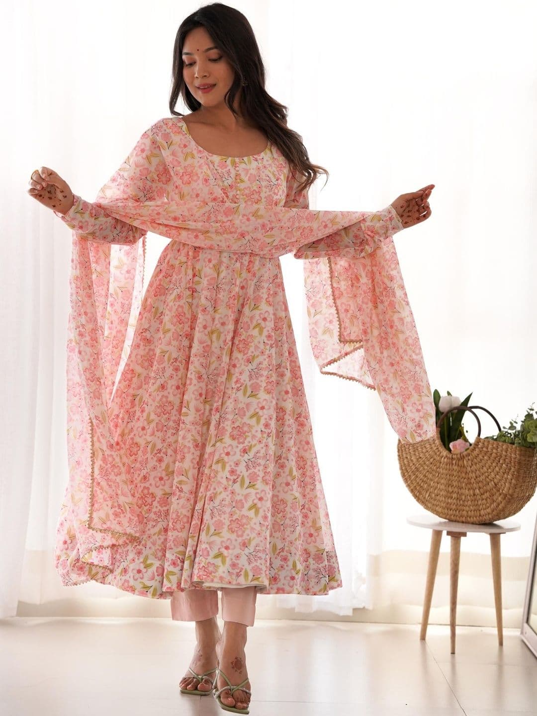 HERE&NOW Women Floral Printed Pleated Silk Chiffon Kurta with Trousers & With Dupatta - view 1