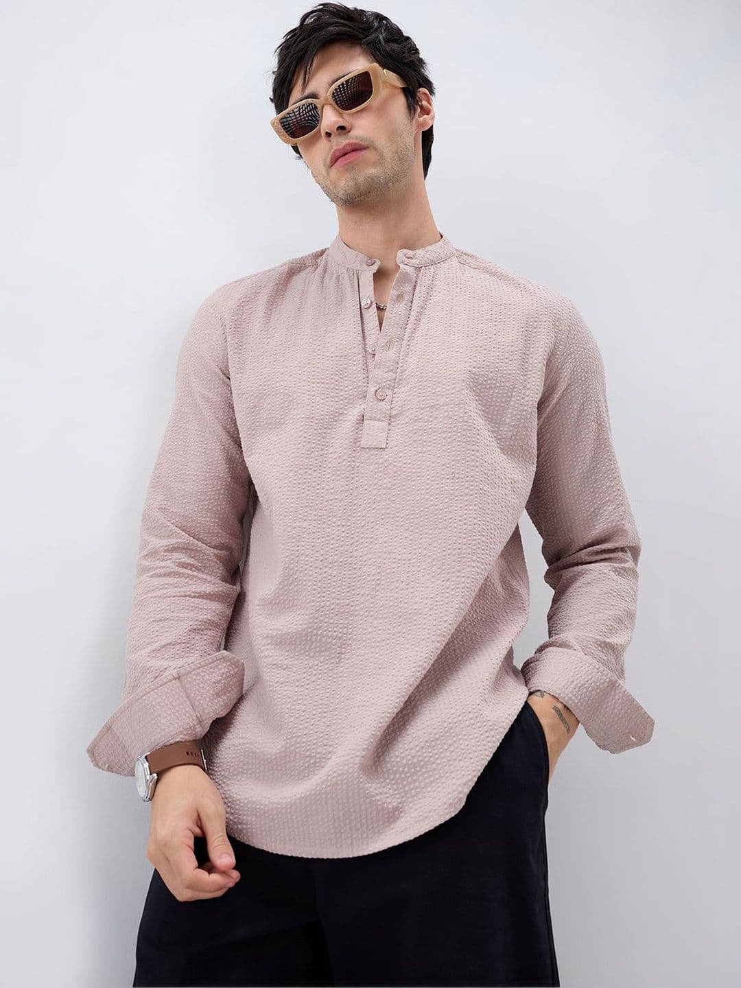 VASTRADO Men Striped Mandarin Collar Cotton Kurta