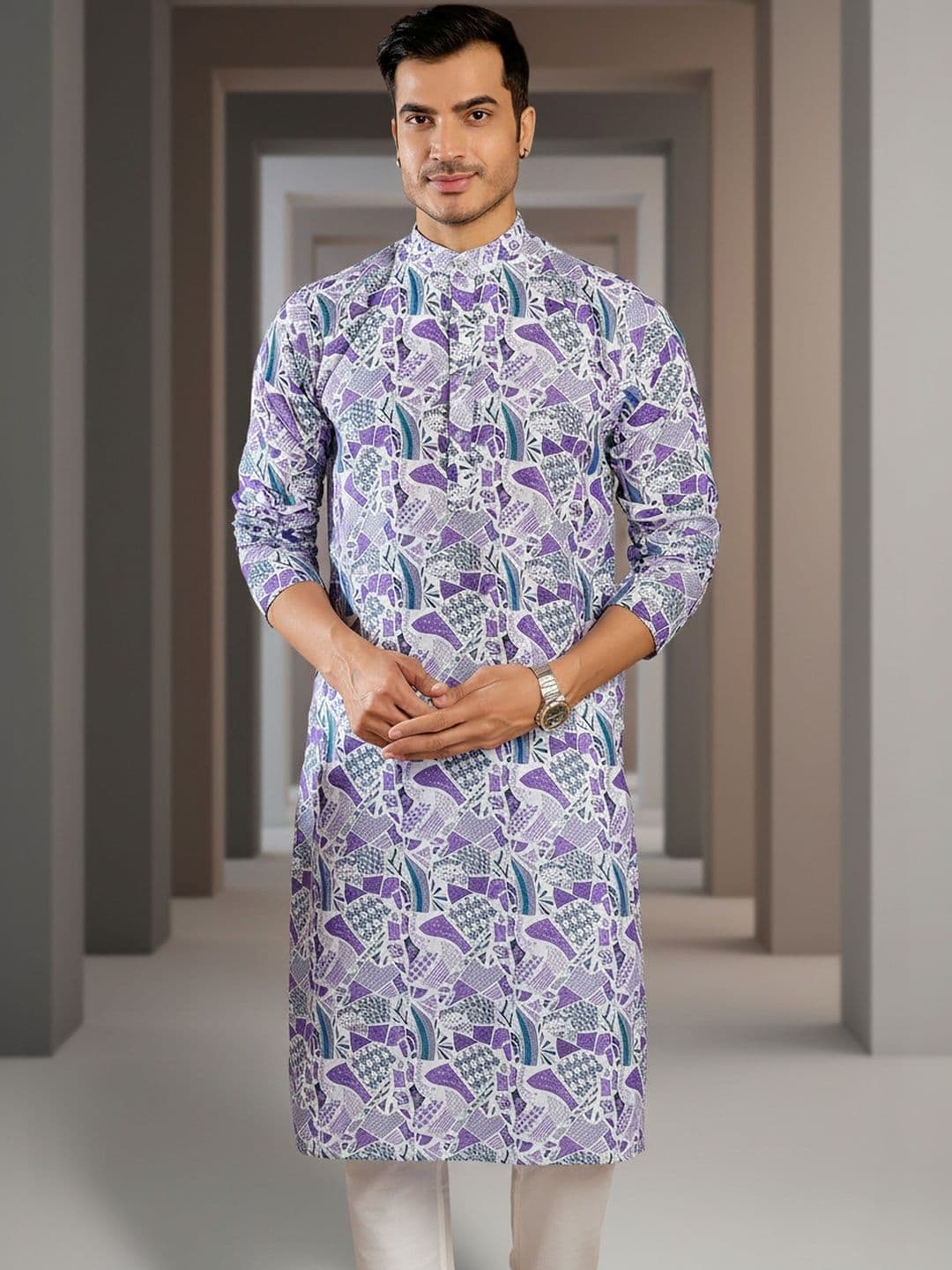 INDIROOP Men Abstract Printed Mandarin Collar Cotton Kurta - view 1