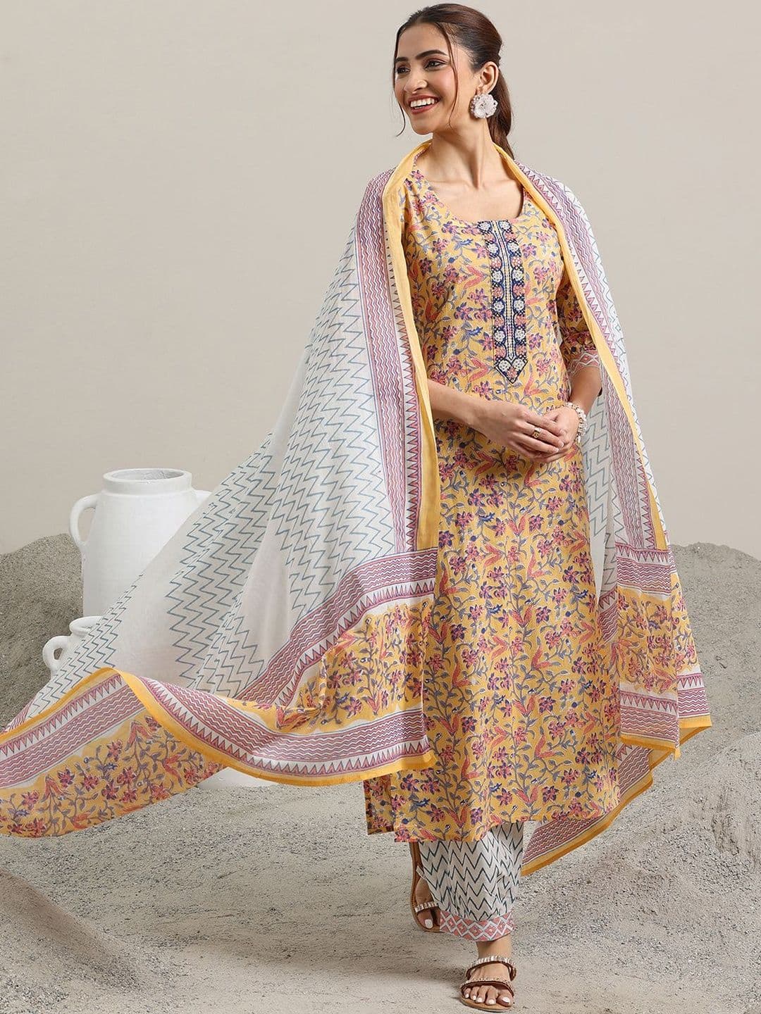 Libas Women Floral Printed Regular Sequinned Pure Cotton Kurta with Salwar & With Dupatta - view 1