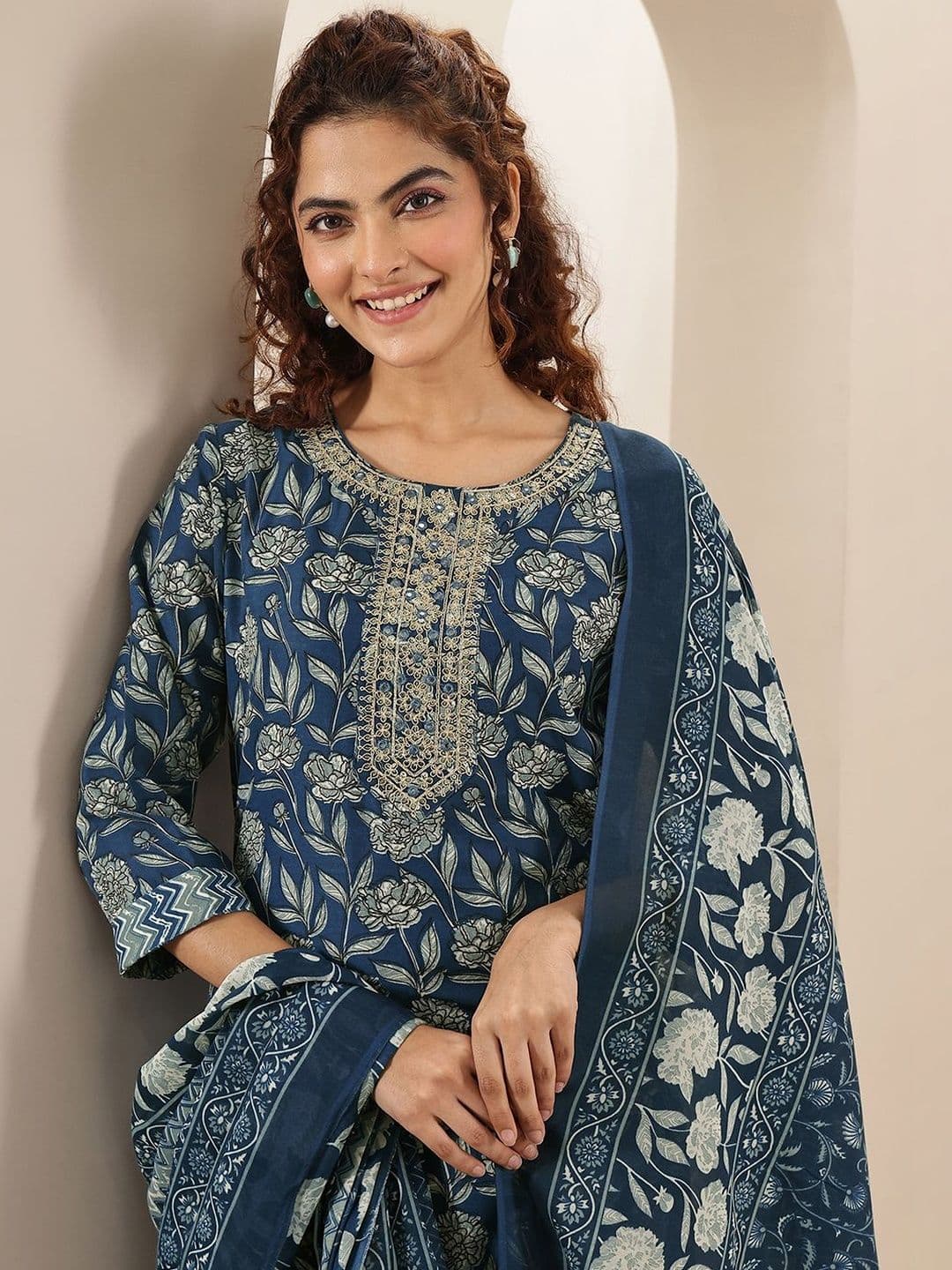 Libas Women Floral Printed Regular Mirror Work Kurta with Trousers & With Dupatta - view 1