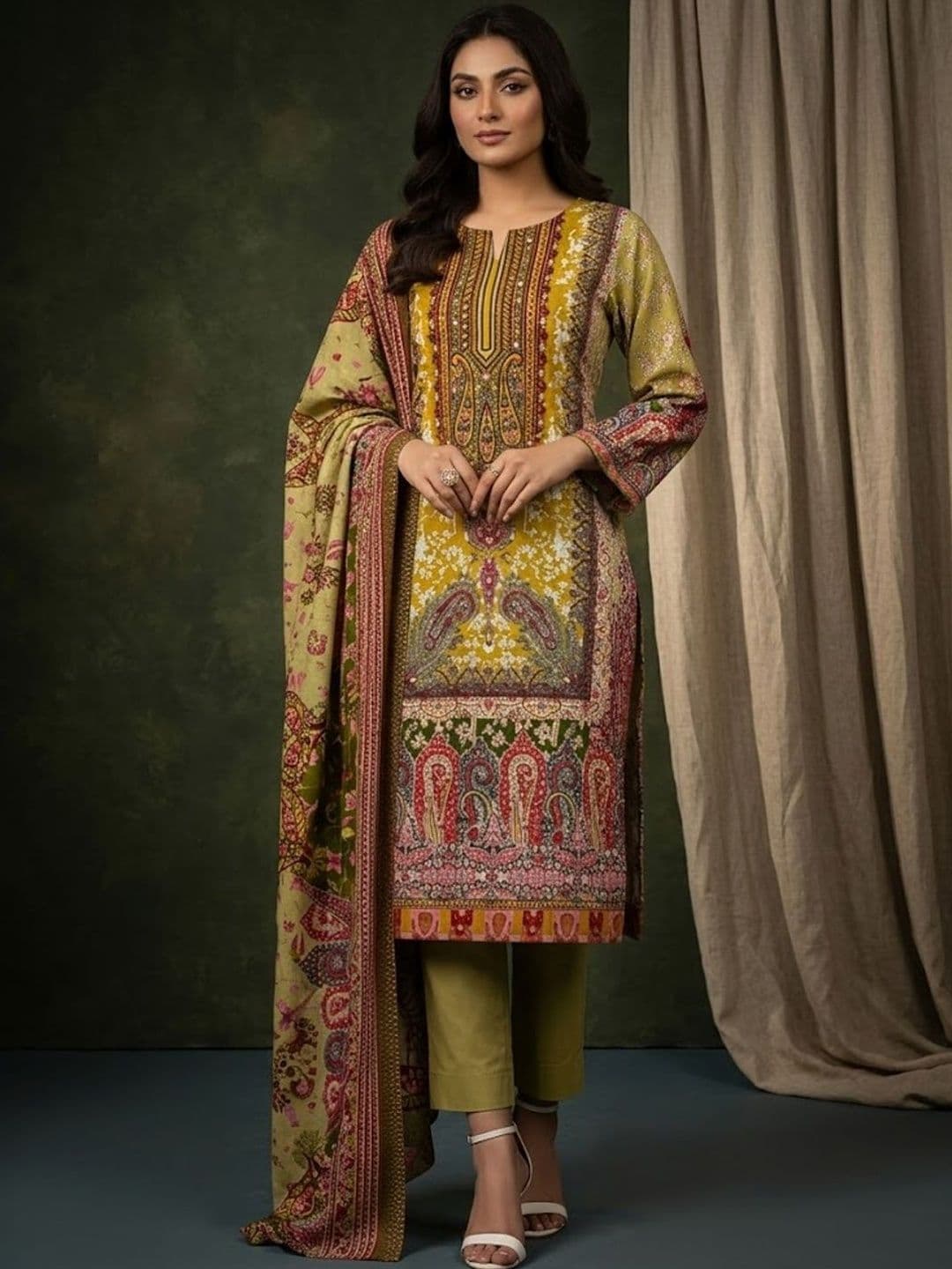 Sangria Printed Round Neck Kurta & Trousers With Dupatta - view 1