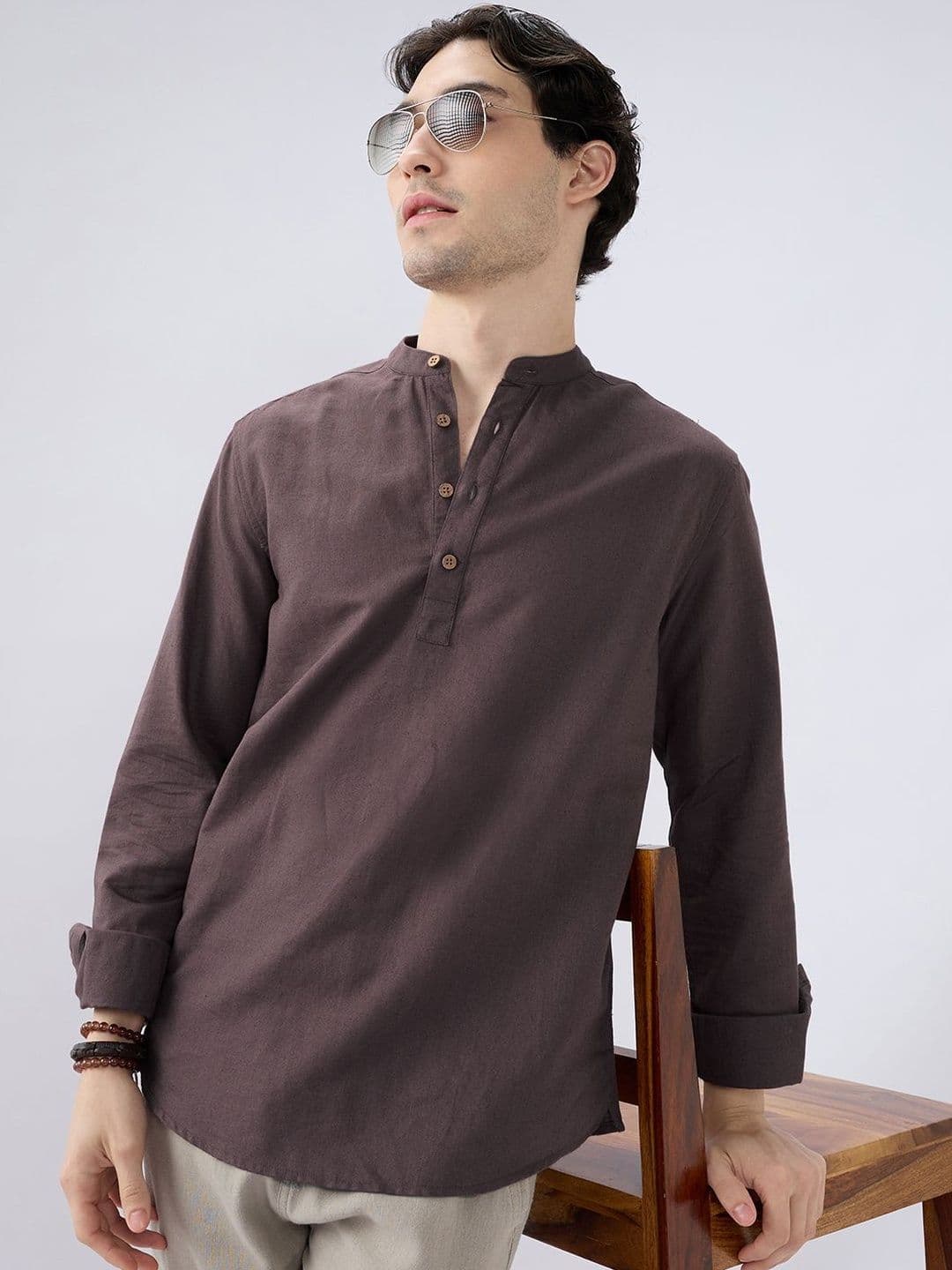 VASTRADO Deep Brown Everyday Linen Kurta - view 1