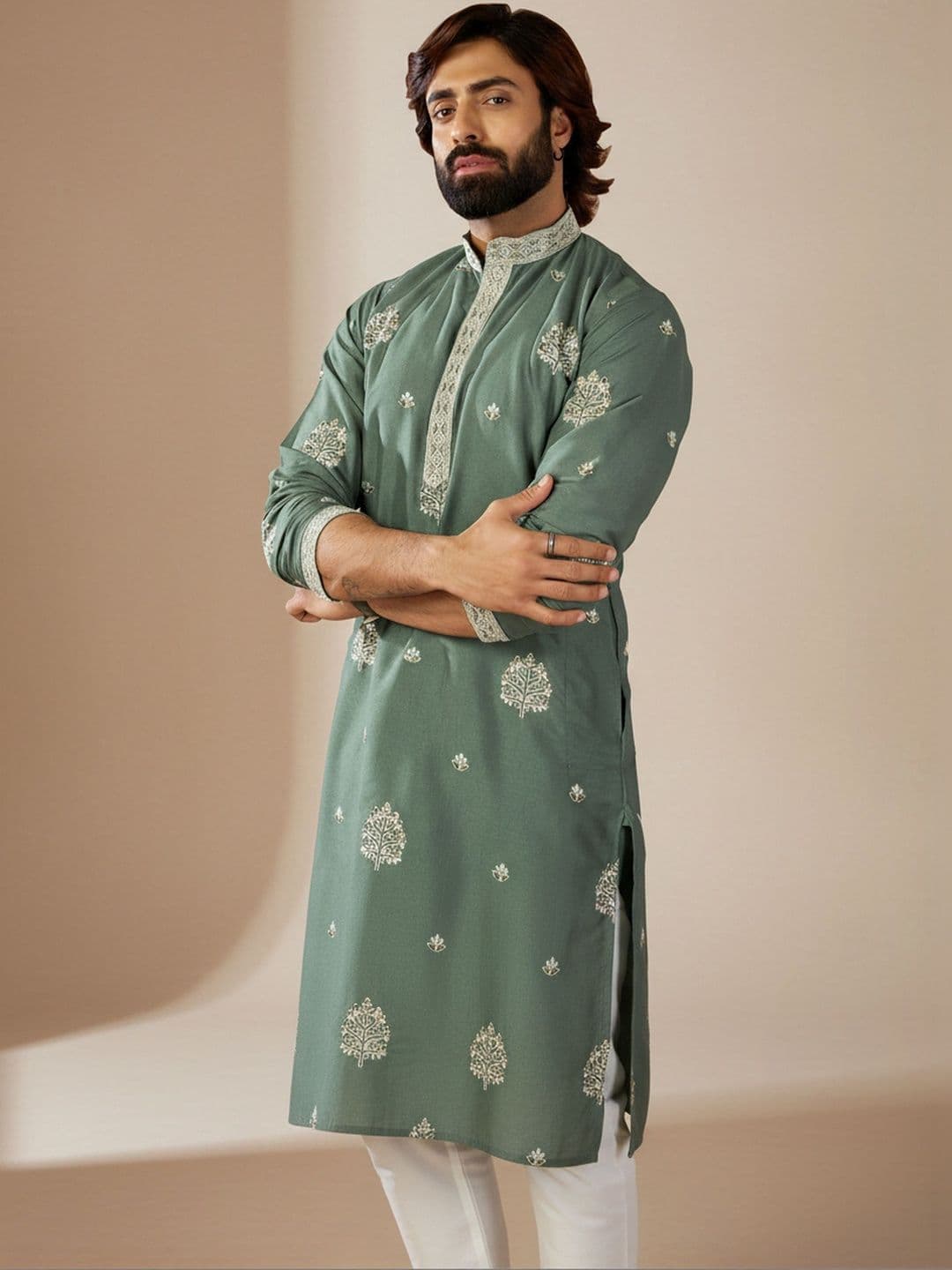 INDIROOP Floral Embroidered Mandarin Collar Cotton Kurta - view 1