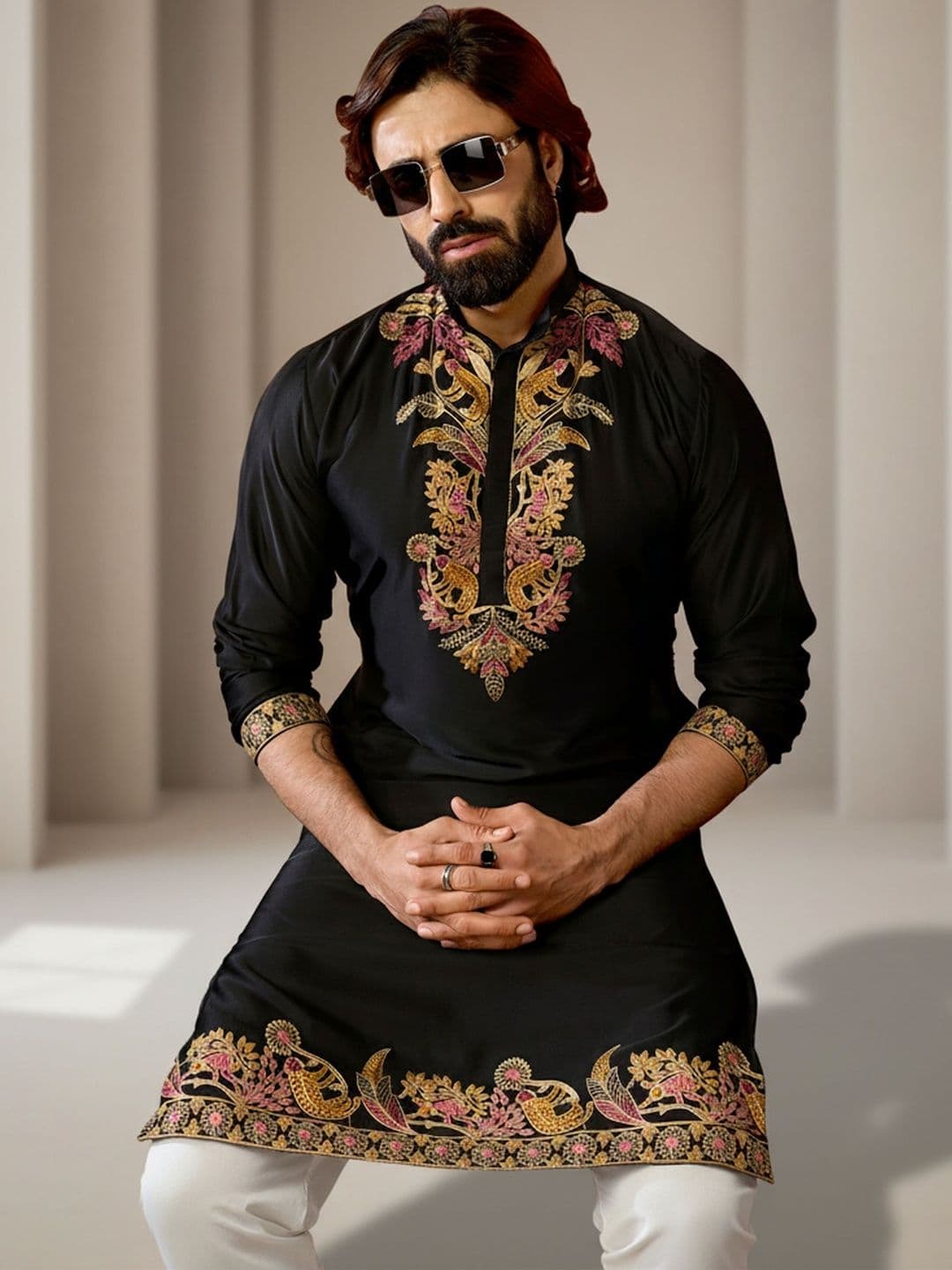 INDIROOP Men Floral Woven Design Mandarin Collar Cotton Kurta - view 1
