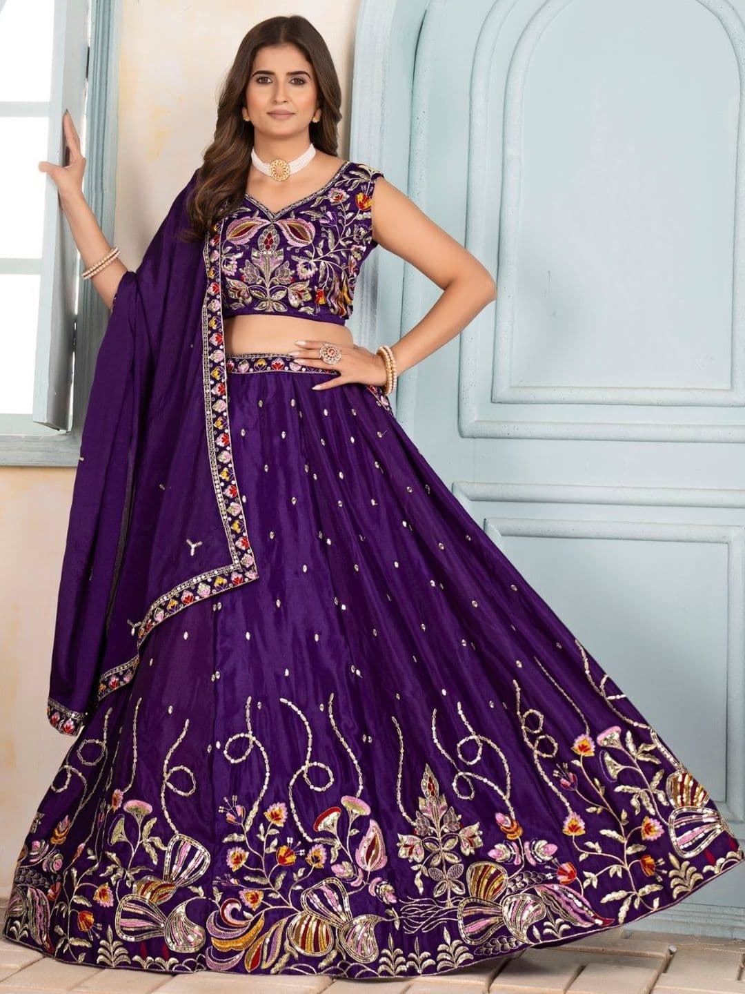 ODETTE Chinon Embellished Beads And Stones Chiffon Lehenga Choli With Dupatta - view 1