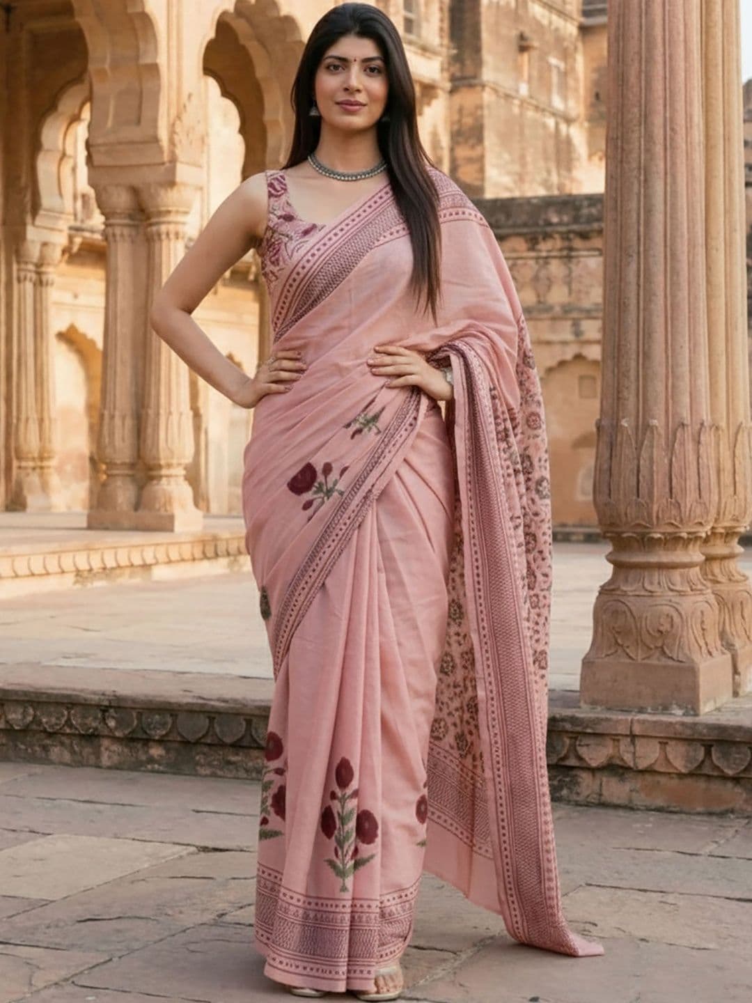 KALINI Peach Designer Linen Silk Printed Saree - view 1