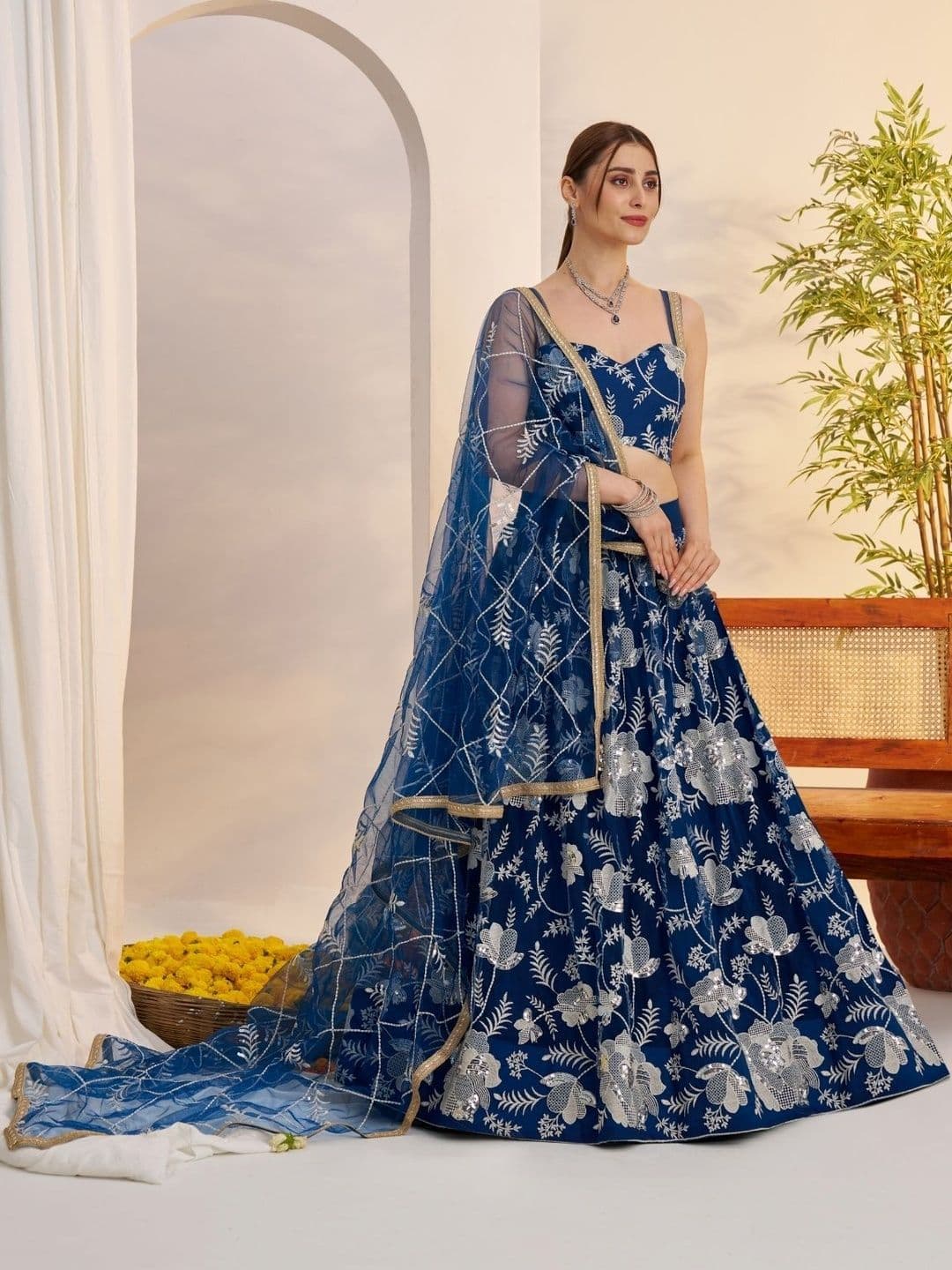 ODETTE Embroidered Dark Zari Lehenga Choli With Dupatta - view 1