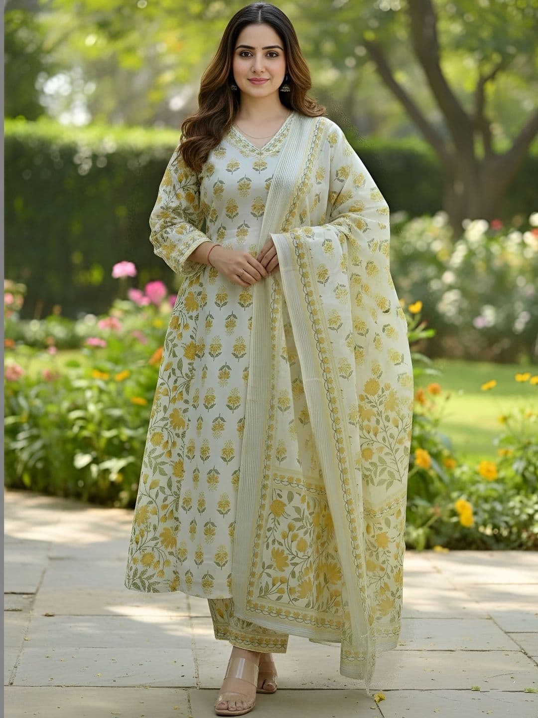 Gopi Prem Women Floral Printed Regular Pure Cotton Kurta with Trousers & With Dupatta - view 1