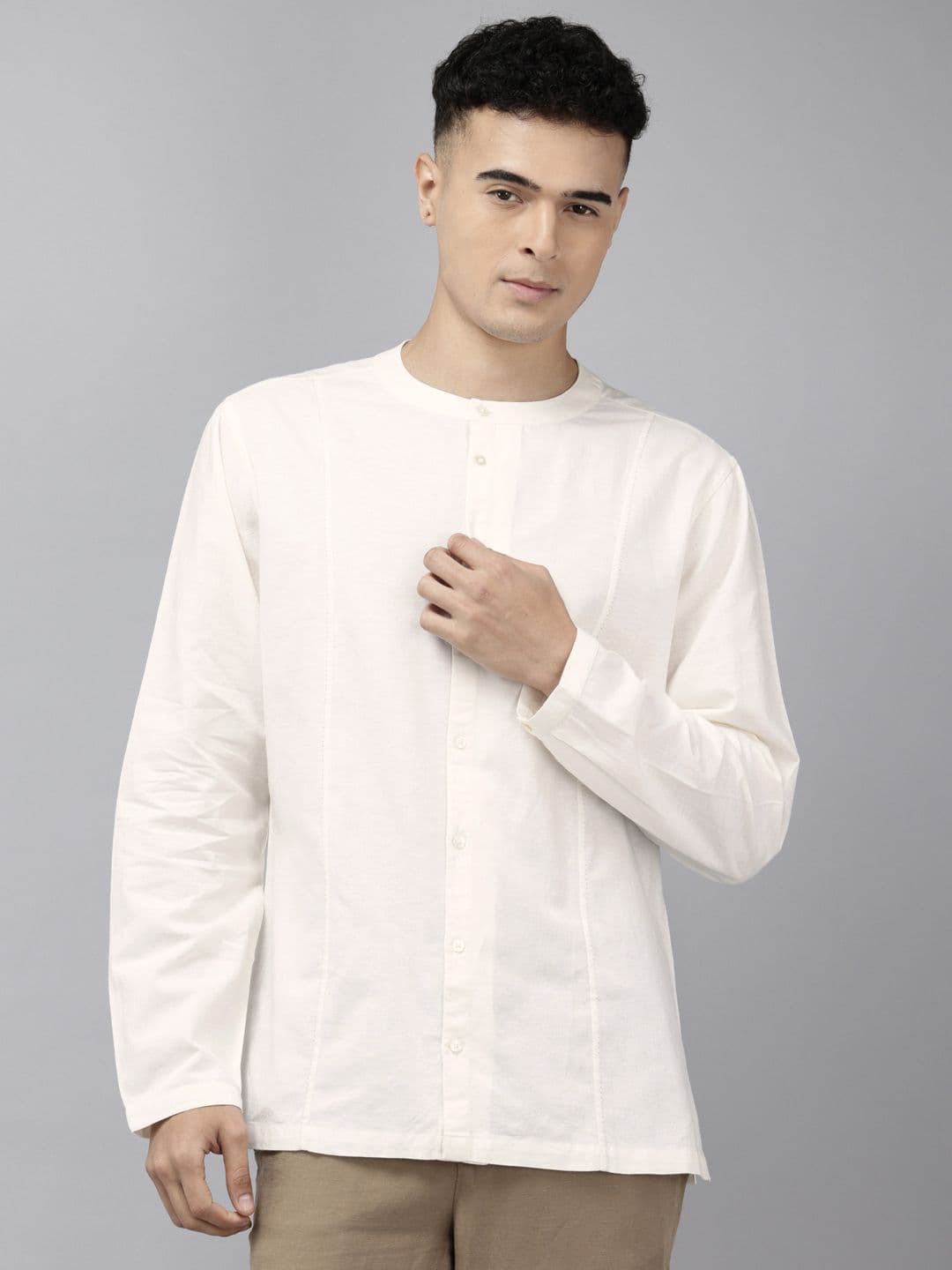 NAVNIV Band Collar Cotton Linen Kurta - view 1