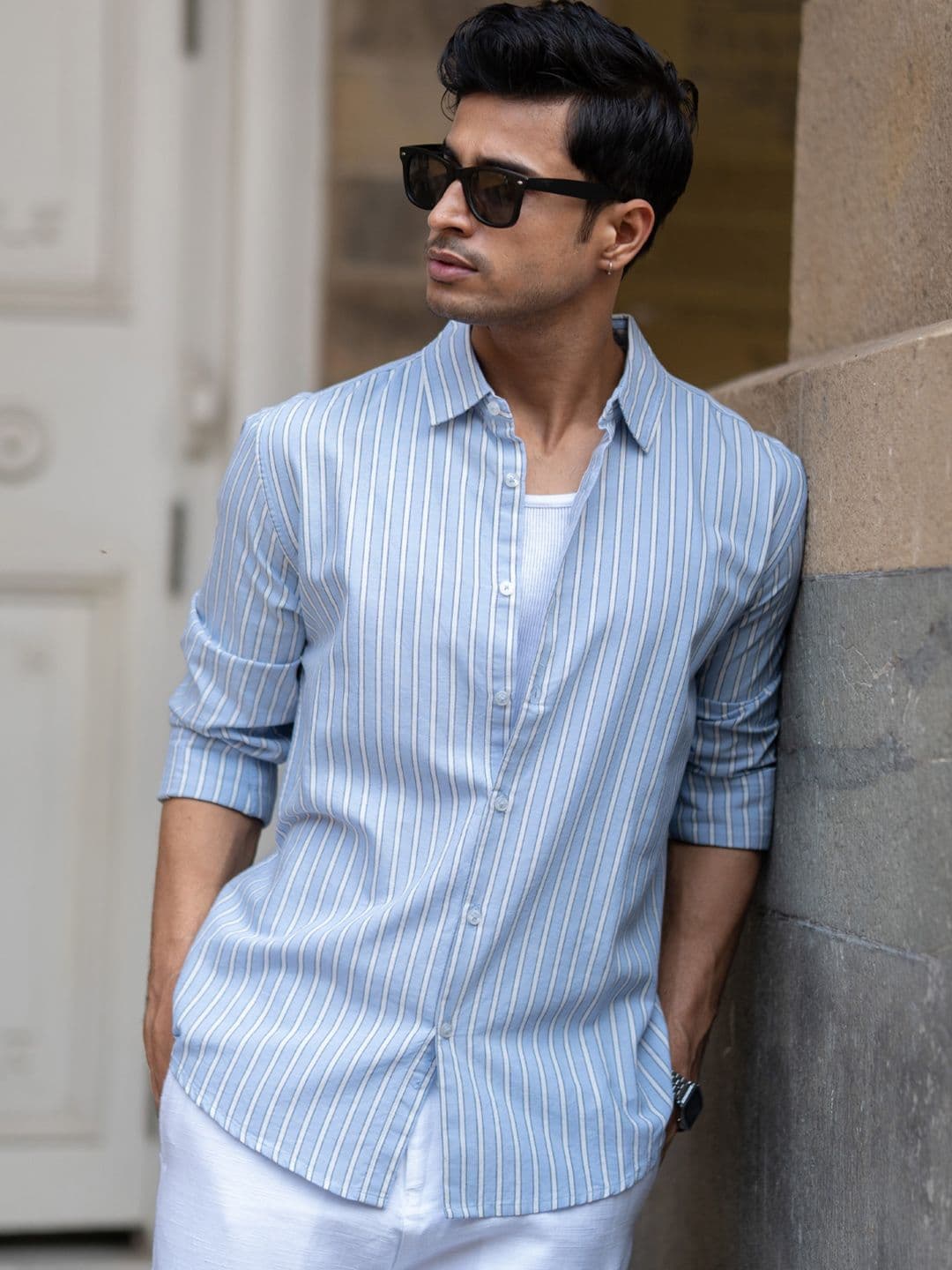 Powerlook Cotton Oxford Vertical Stripes Long Sleeves Shirt - view 1