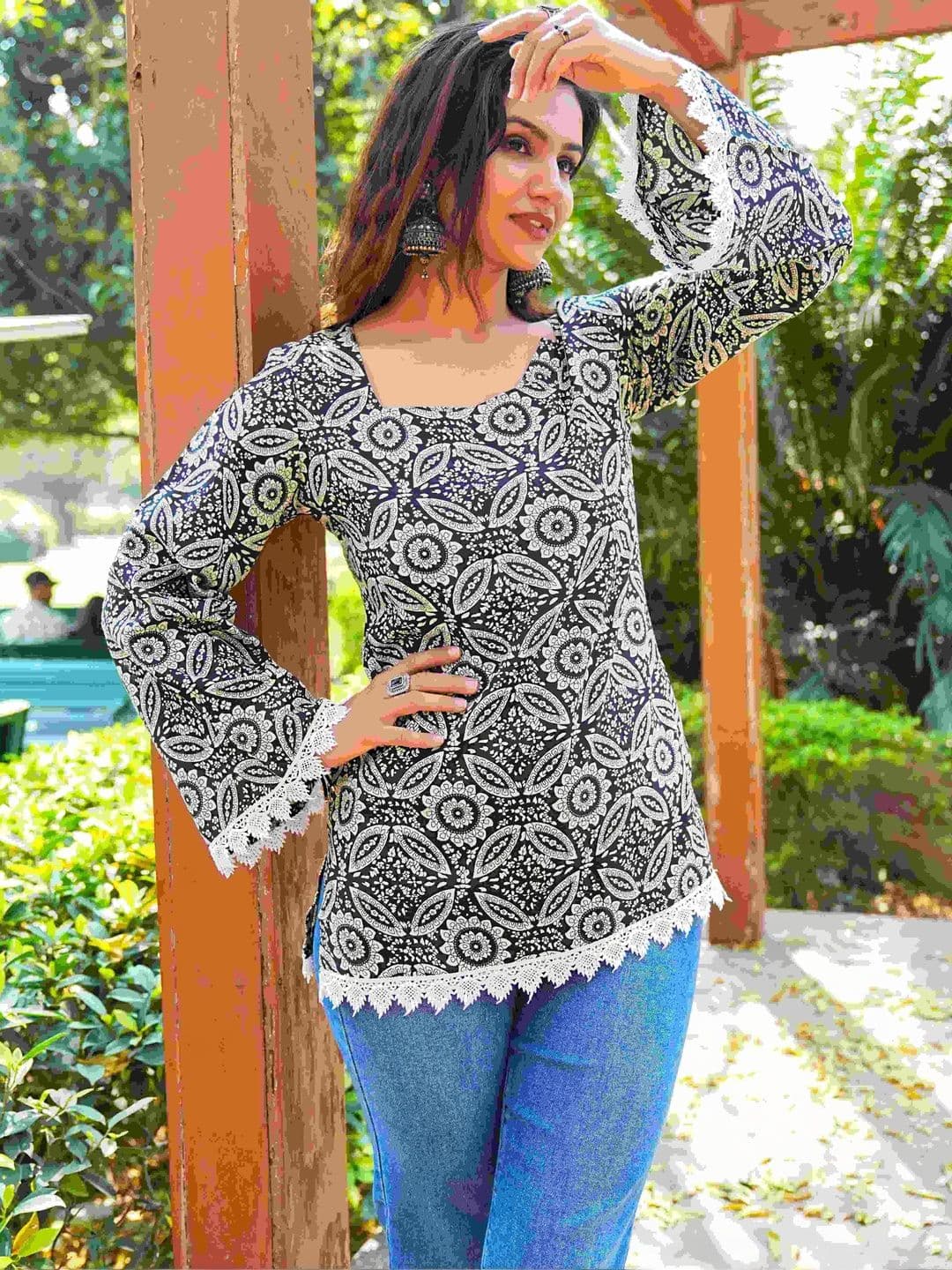 SAK JAIPUR Ethnic Motifs Printed Boat Neck Flared Sleeves Kurti - view 1