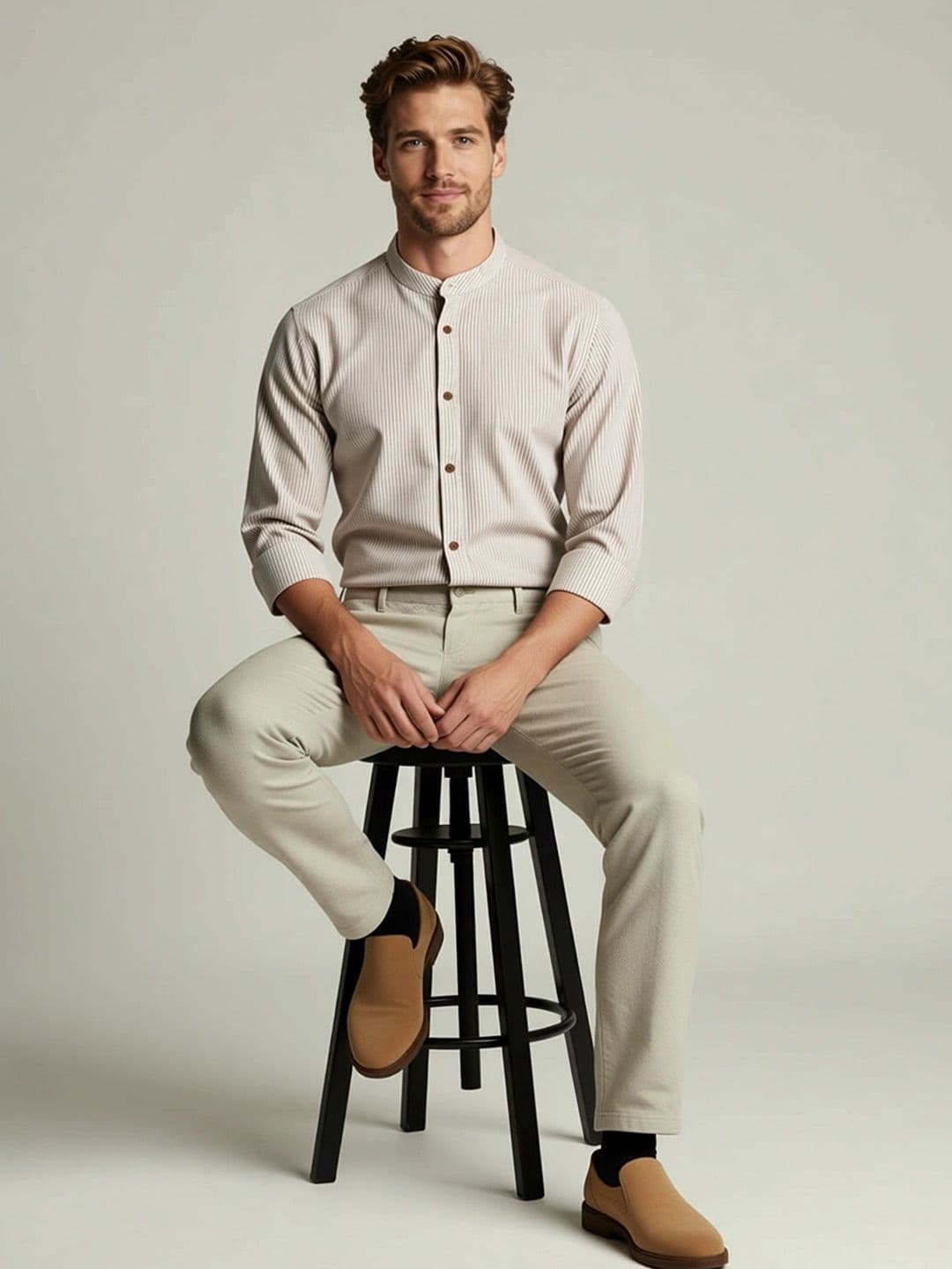 Mast & Harbour Vertical Striped Mandarin Collar Casual Shirt - view 1