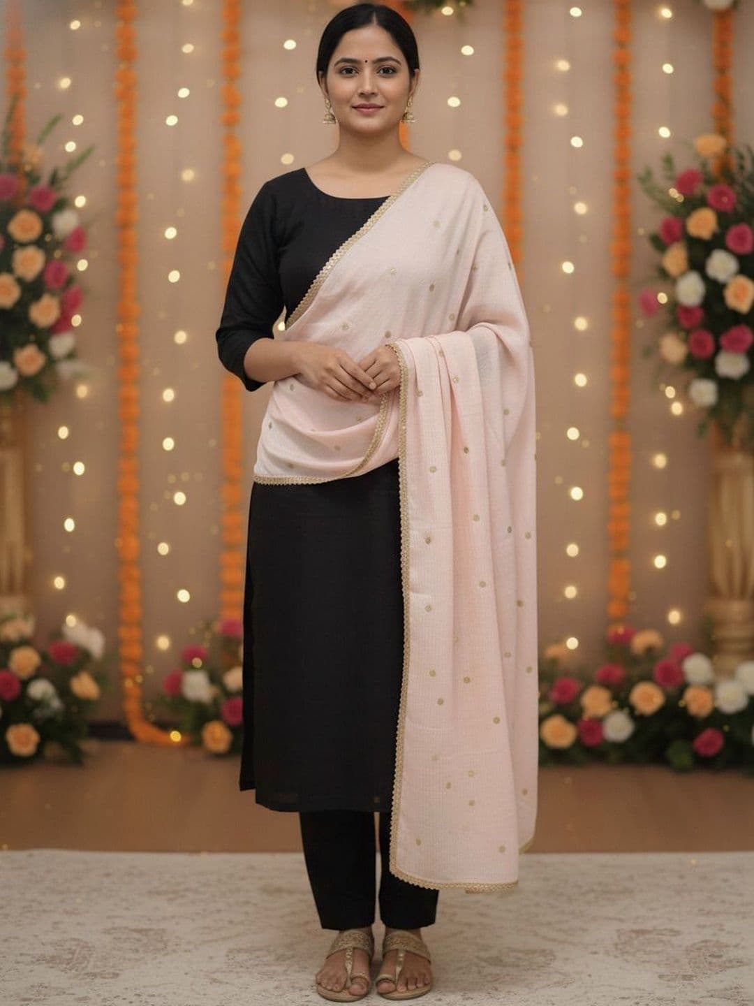 Komurr Woven Design Bandhani Sequinned Butti Lace Dupatta - view 1