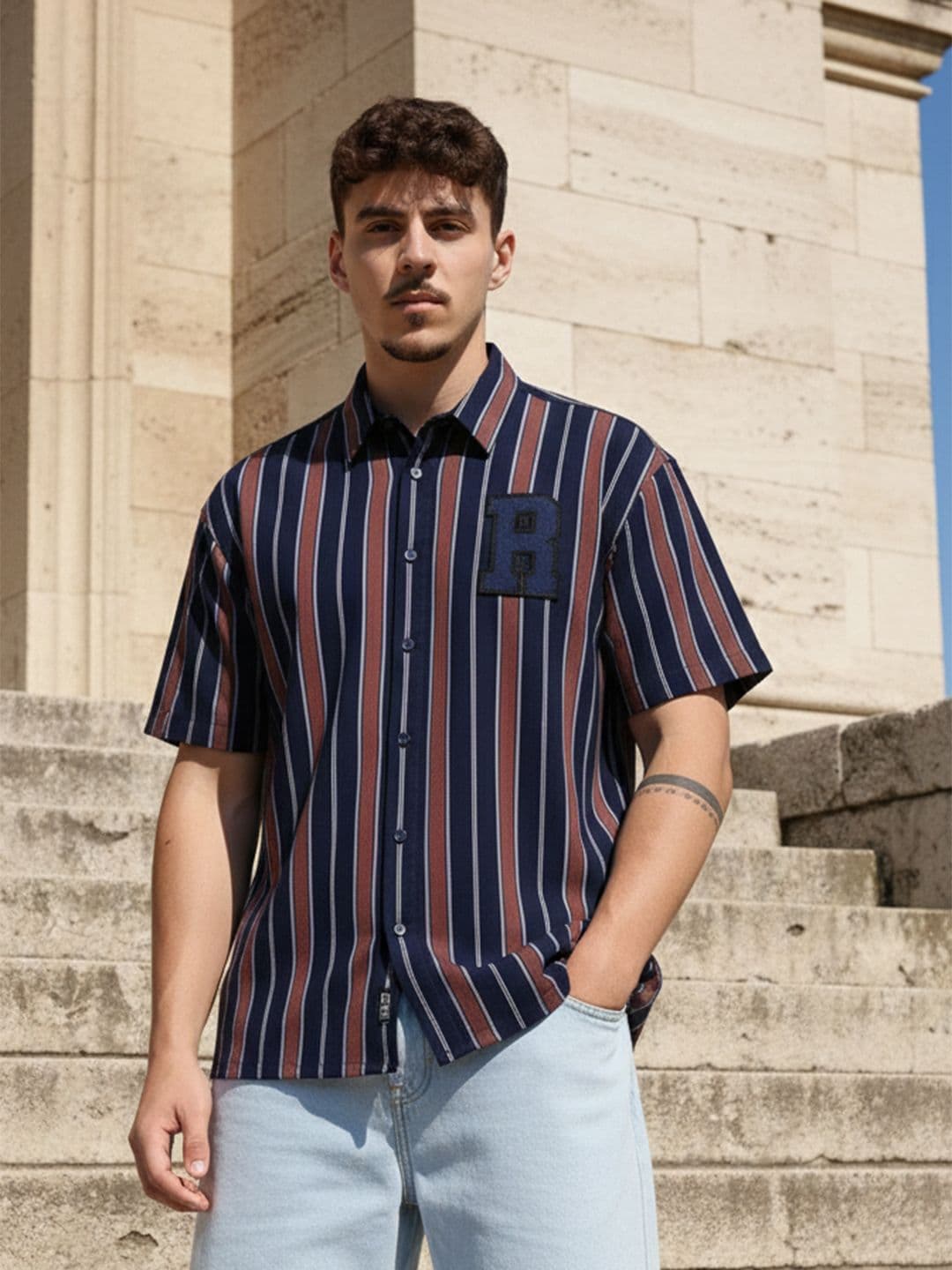The Roadster Life Co. Vertical Stripes Applique Detail Pure Cotton Relaxed Fit Shirt - view 1