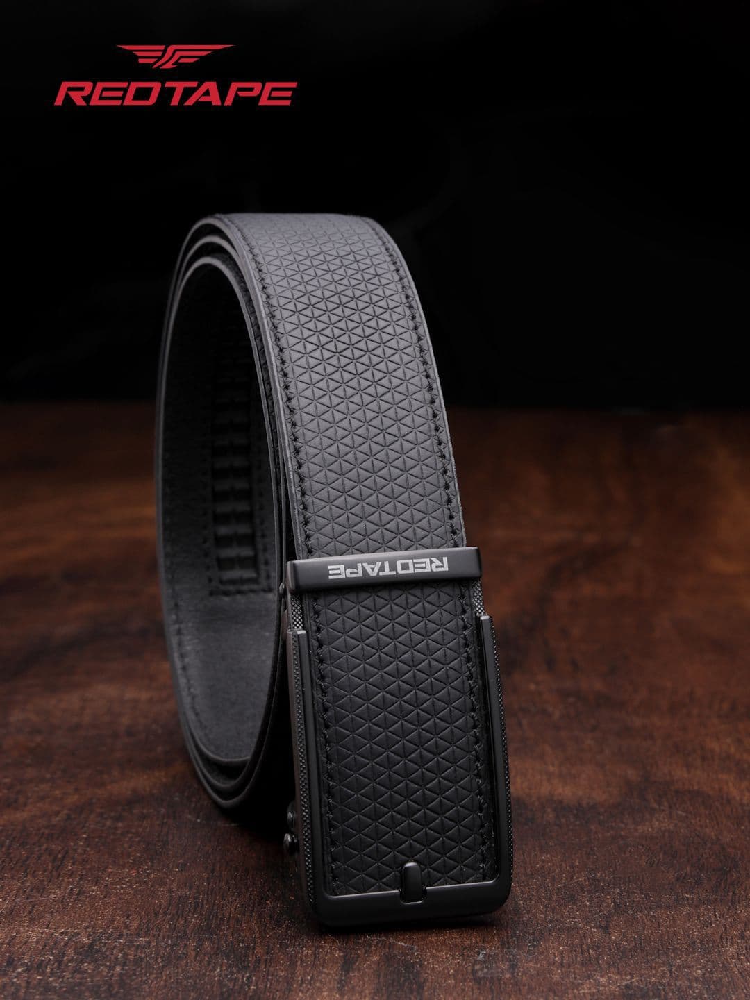 Red Tape Men Black Textured Leather Formal Casual Autolock Belt