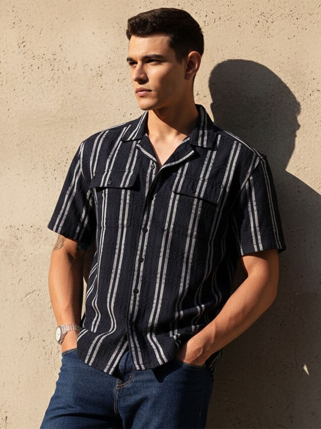 The Roadster Life Co. Striped Drop-Shoulder Sleeves Relaxed Fit Pure Cotton Casual Shirt - view 1
