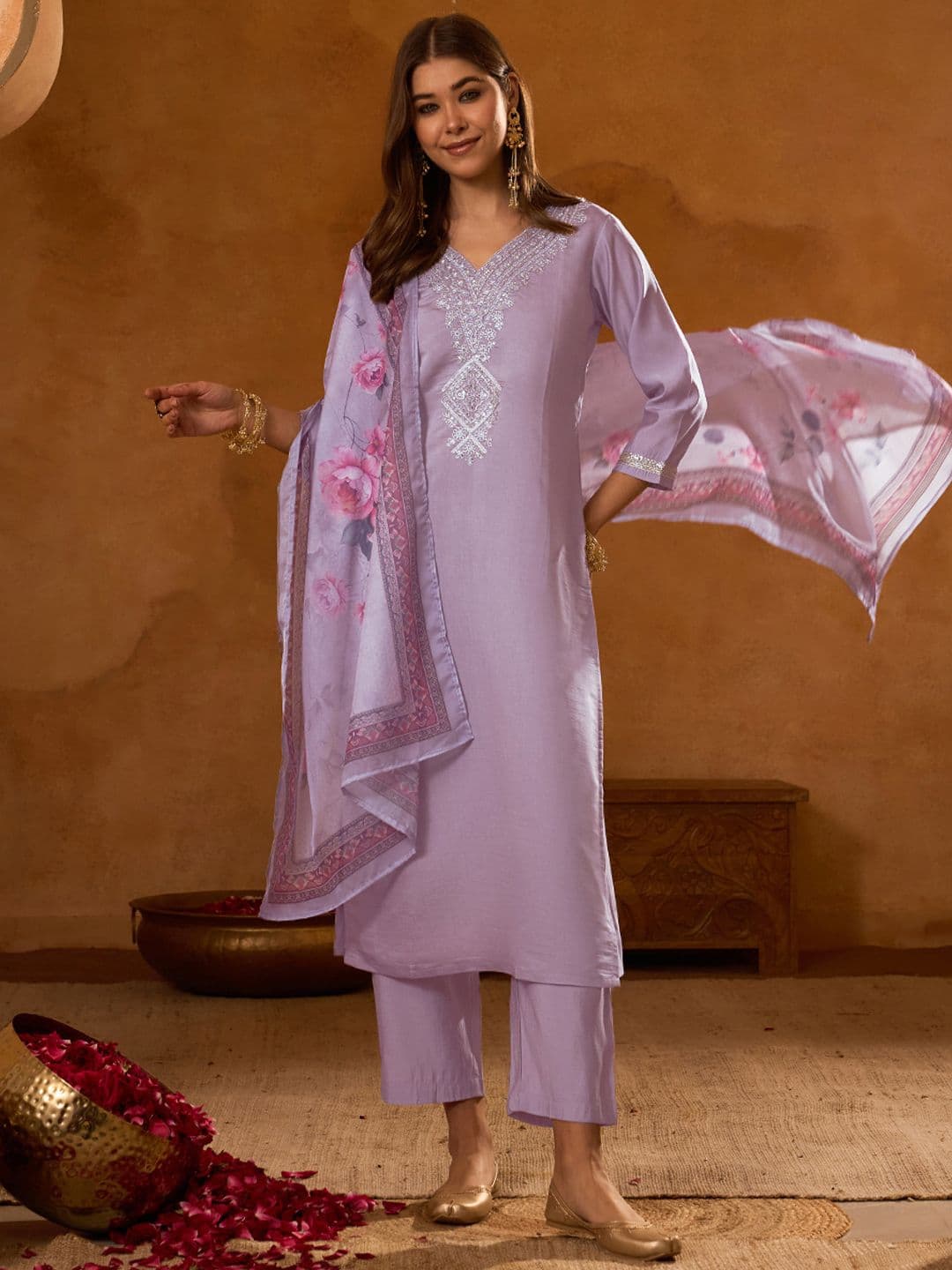 KALINI Women Ethnic Motifs Embroidered Regular Thread Work Kurta with Trousers & With Dupatta - view 1