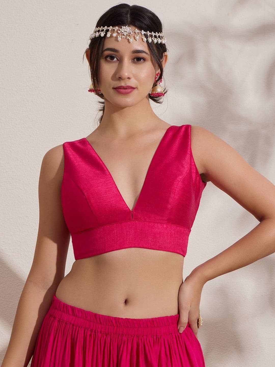 The Blouse Originals Pink Silk Deep V Neck Sleeveless Padded Readymade Saree Blouse - view 1