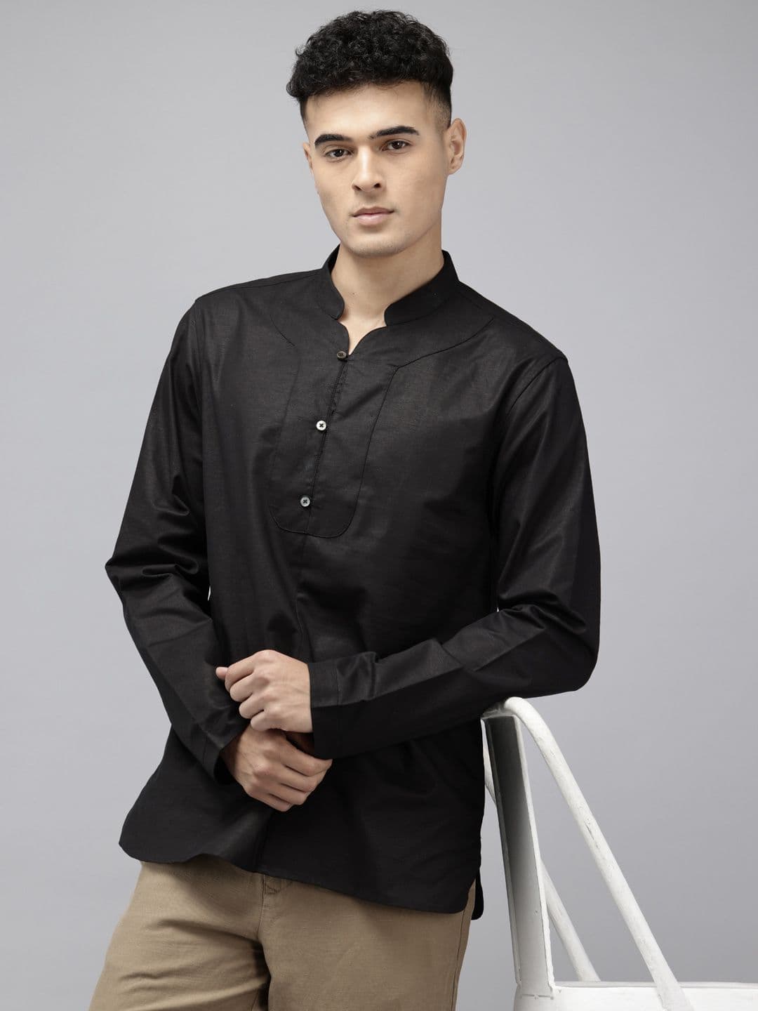 NAVNIV Mandarin Collar Cotton Linen Kurta - view 1