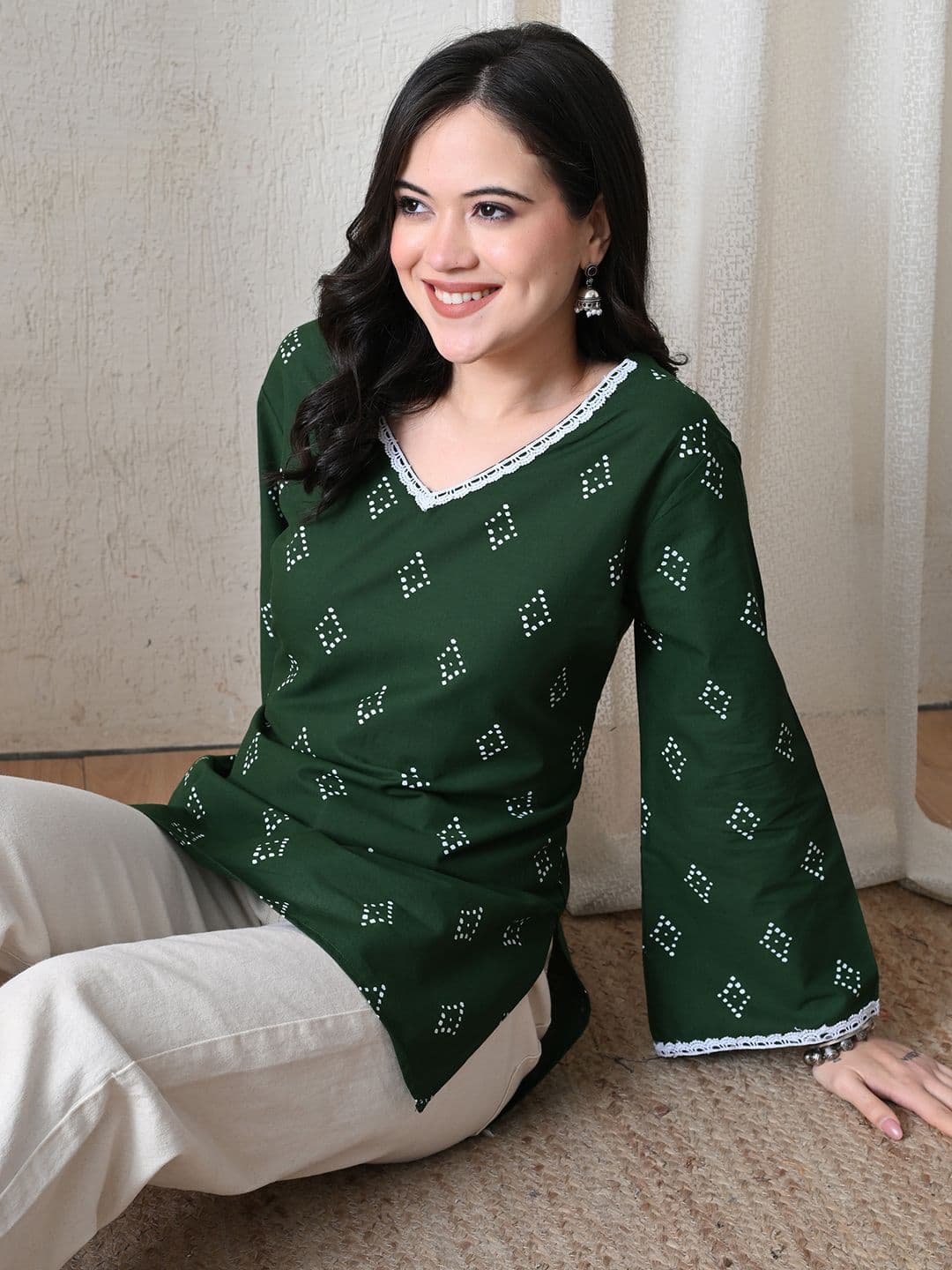 BKApparels Bandhani Printed V-Neck Flared Sleeves Pure Cotton Blend Kurti - view 1