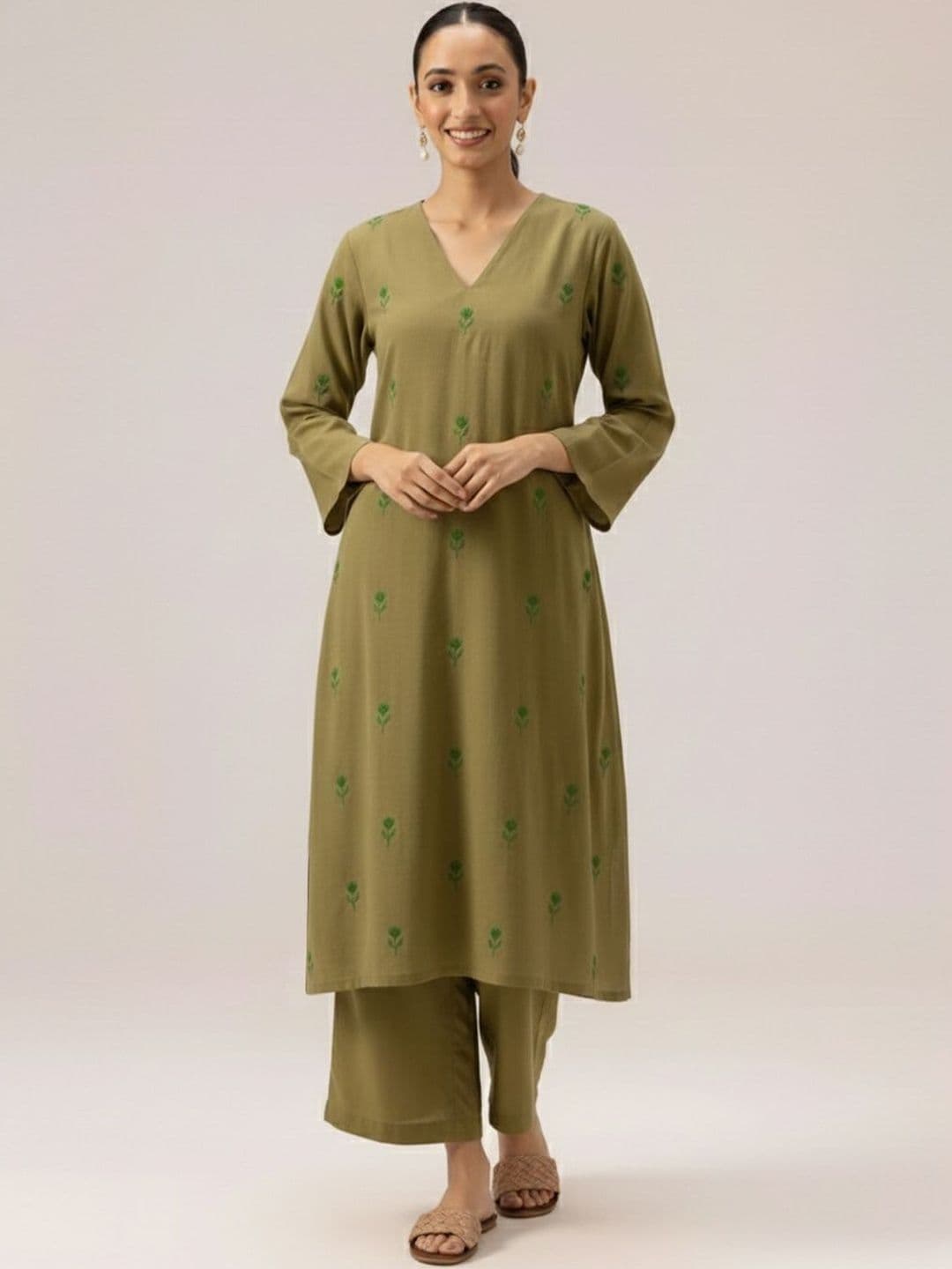KALINI Women's Green Rayon Blend Printed A-line Kurta Palazzos Kurta Sets - view 1