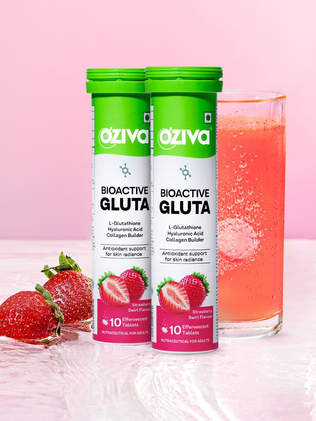 OZiva Gluta Fizzy Strawberry Swirl Helps Hyperpigmentation with L-Glutathione -10tabs Each - view 1