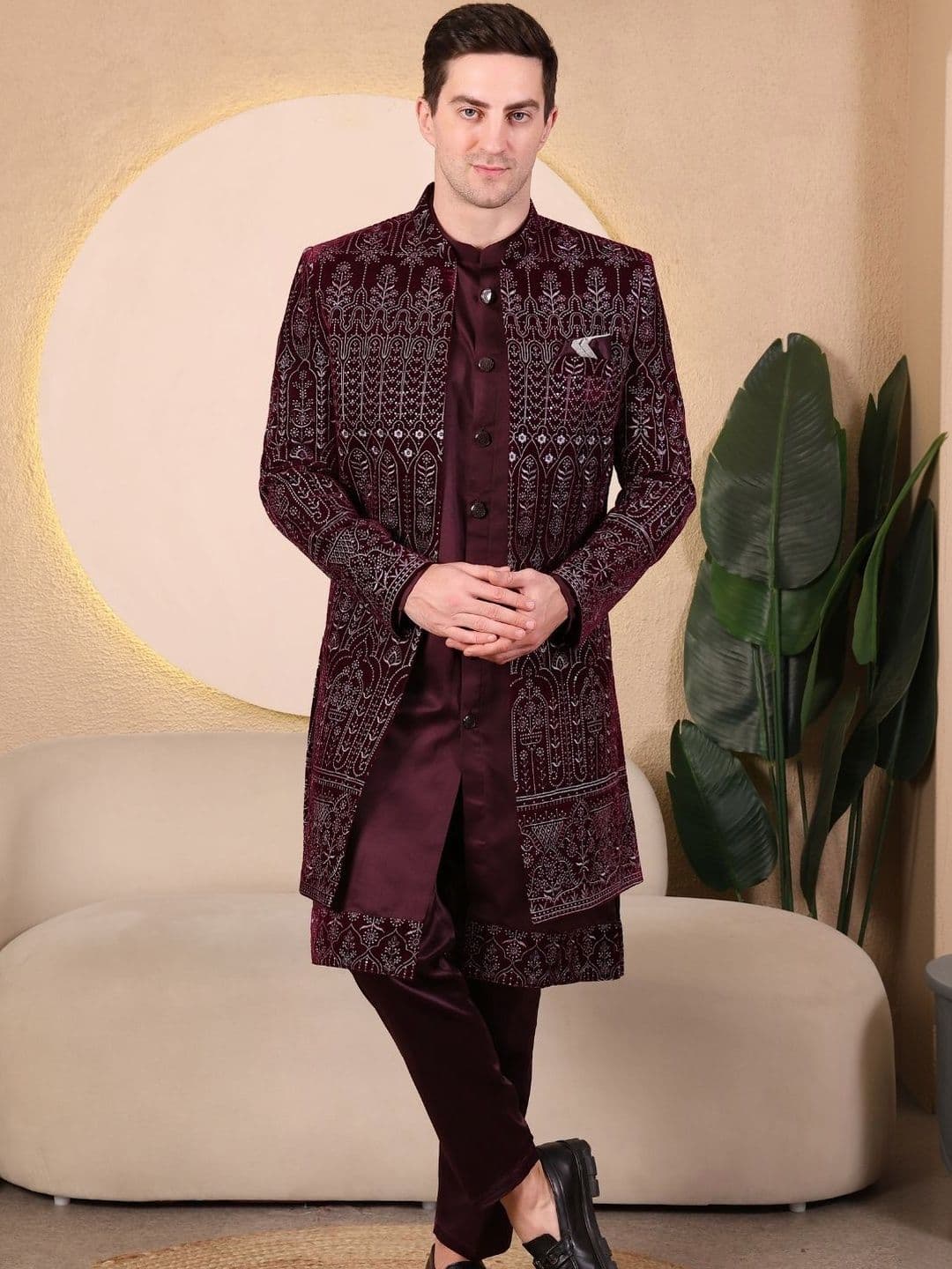 Dulha Ghar Self Design Band Collar Sherwani