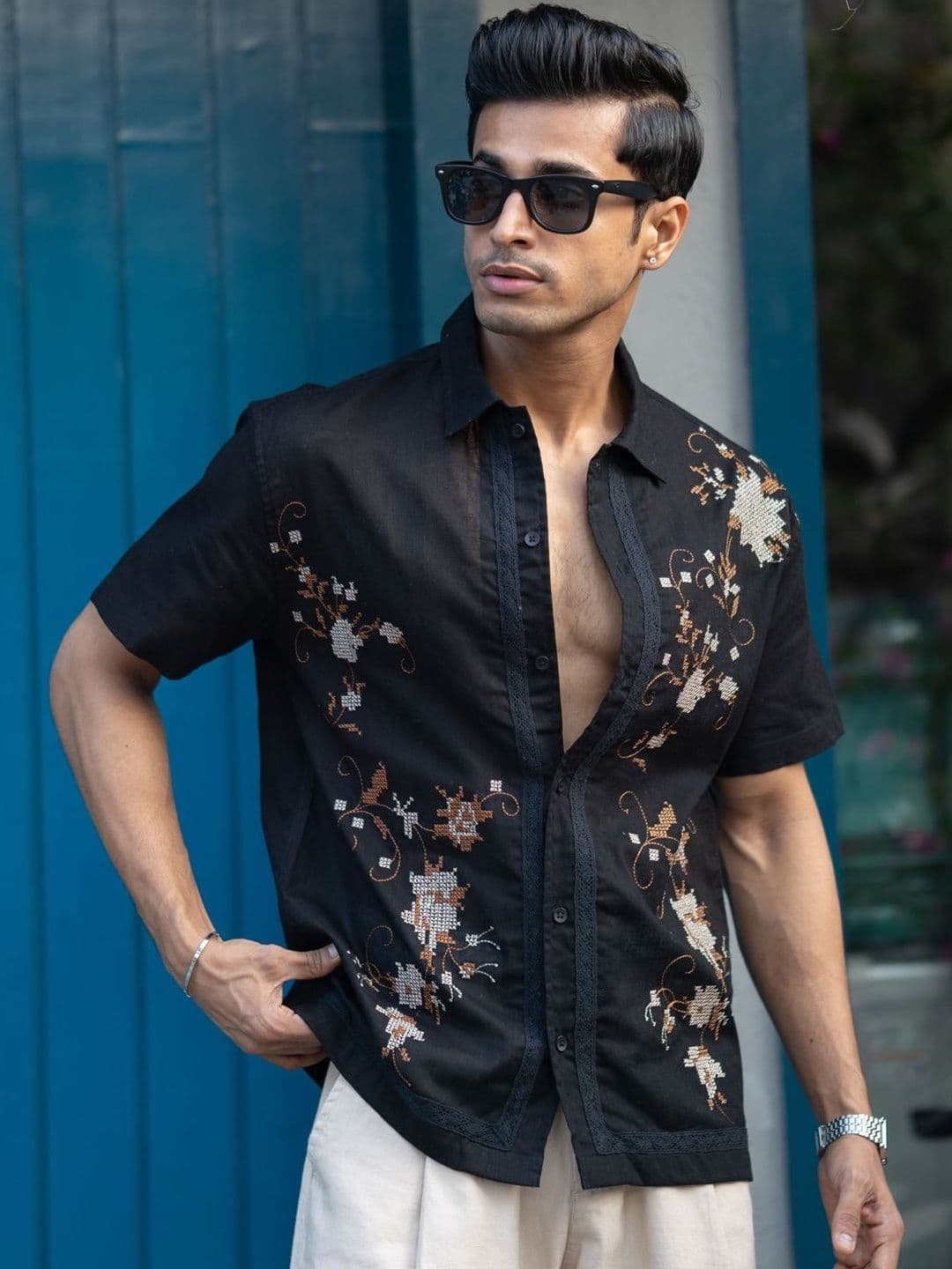 Powerlook Floral Embroidered Spread Collar Cotton Casual Shirt - view 1