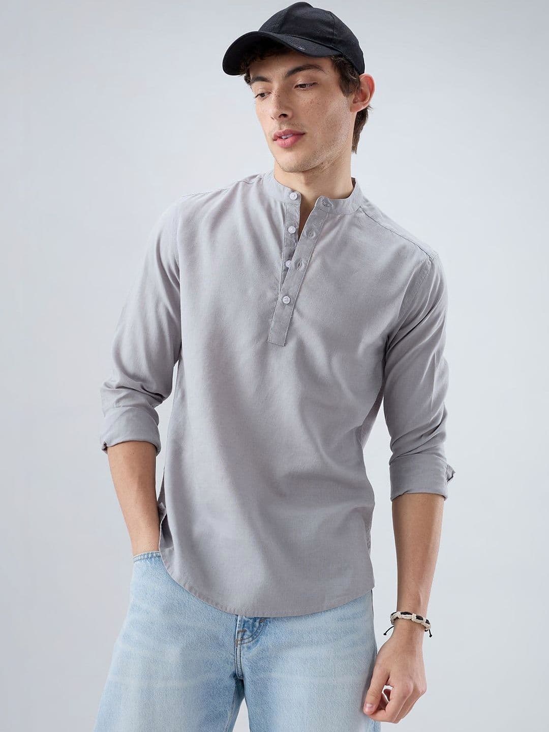 VASTRADO Premium Grey Slub Textured Linen Blend Kurta - view 1