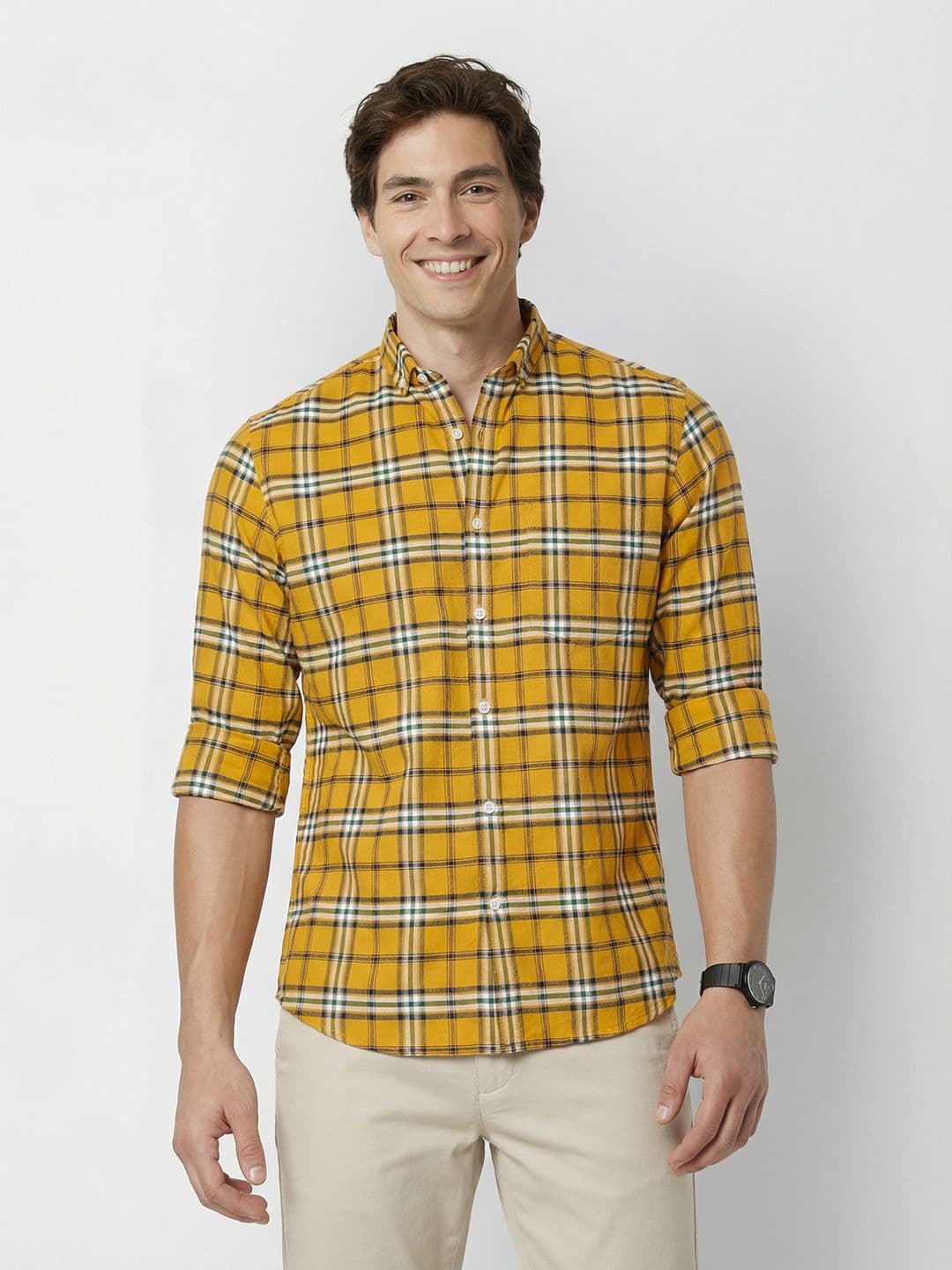 Mast & Harbour Men Mustard Tartan Checks Pure Cotton Casual Shirt - view 1