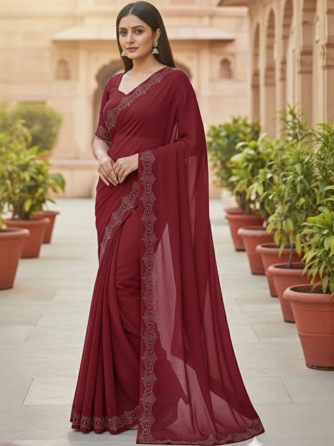 YUGAVEERAA Embellished Zari Poly Georgette Heavy Work Saree - view 1