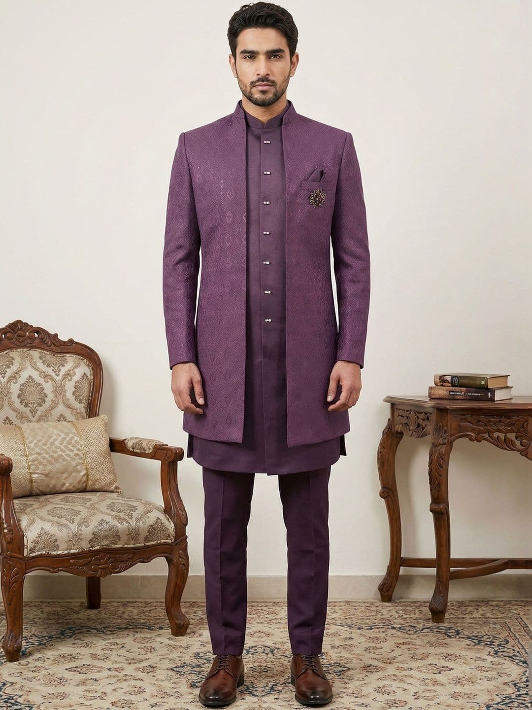Jompers Self Design Mandarin Collar Sherwani
