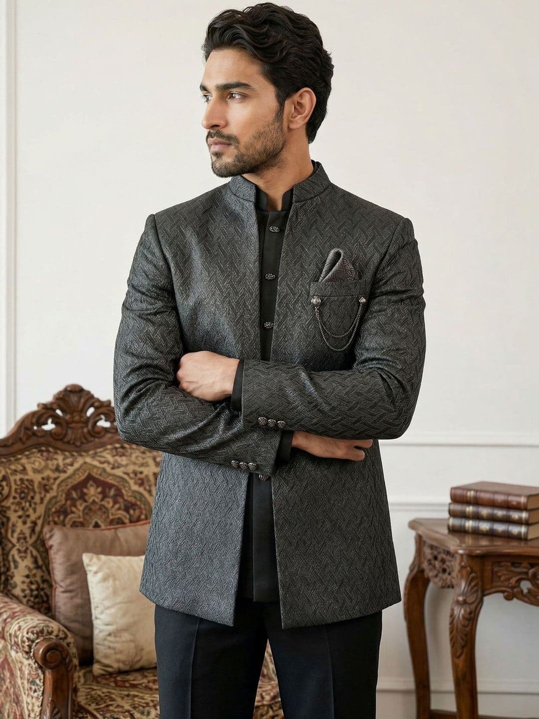 Jompers Self Design Mandarin Collar Sherwani