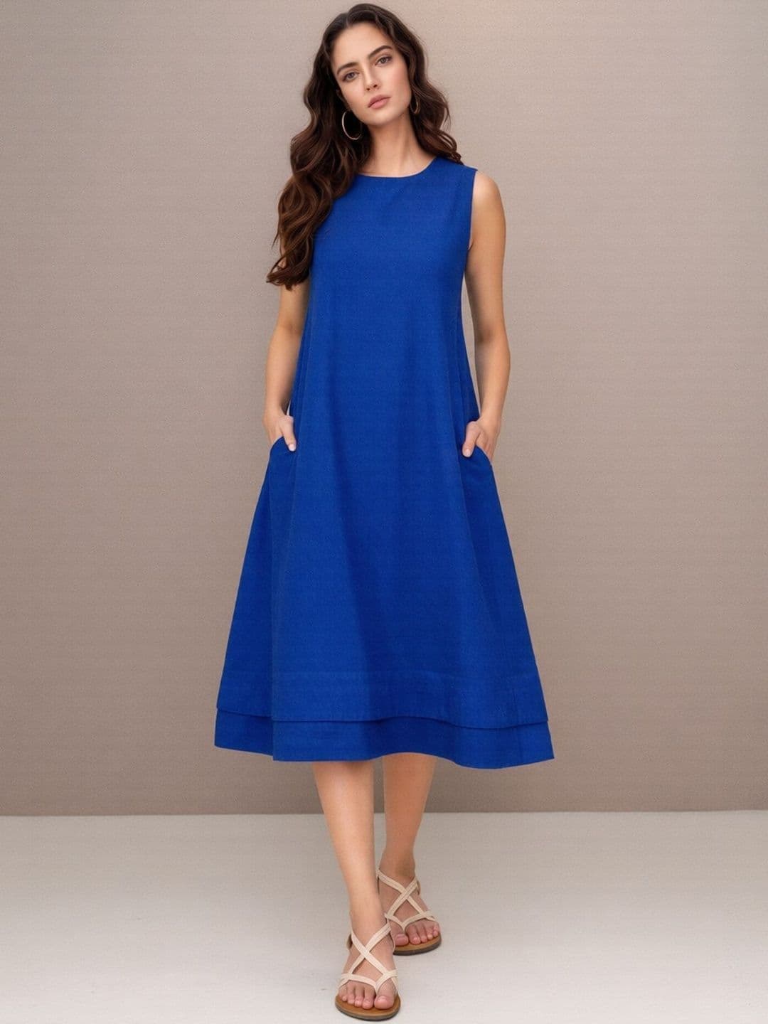 Sangria Round Neck A-Line Midi Dresses - view 1