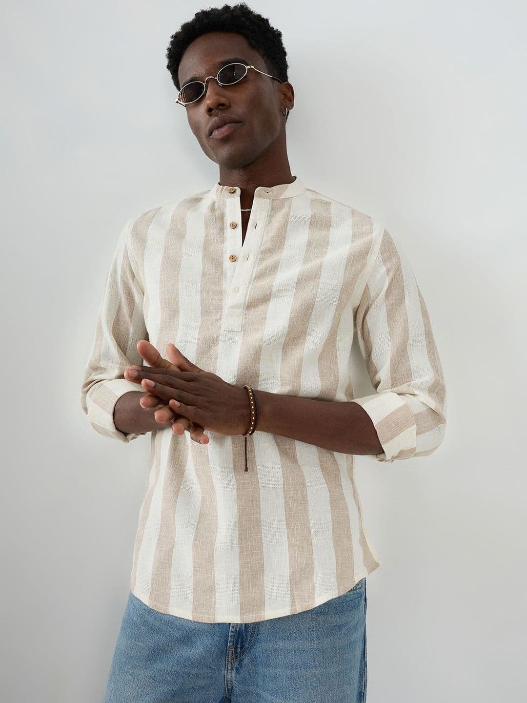 VASTRADO Beige & Ivory Striped Jacquard Kurta - view 1