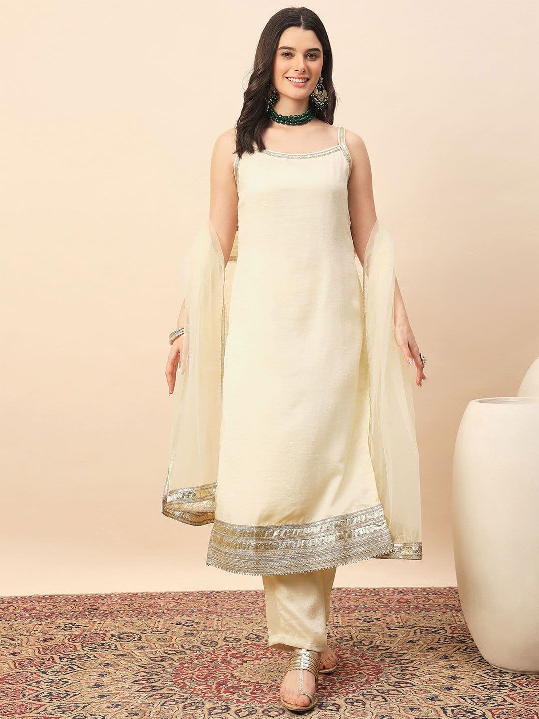 House of Pataudi Round Neck Straight Kurta & Trousers With Dupatta - view 1
