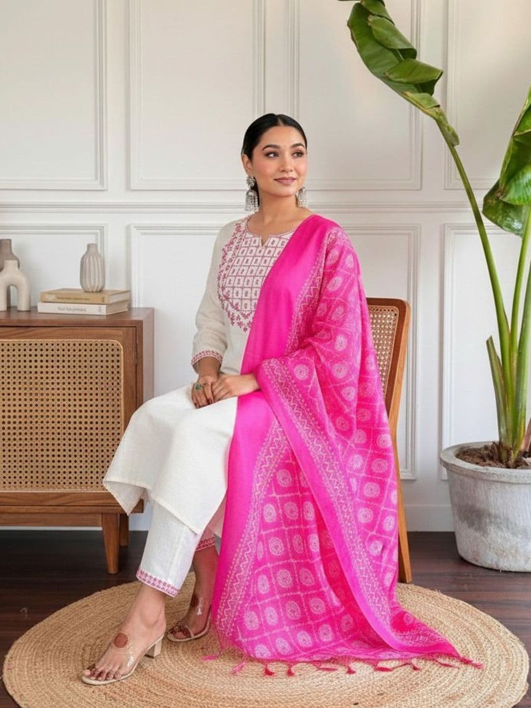 Sangria Embroidered Pure Cotton Round Neck Kurta & Trousers With Dupatta - view 1