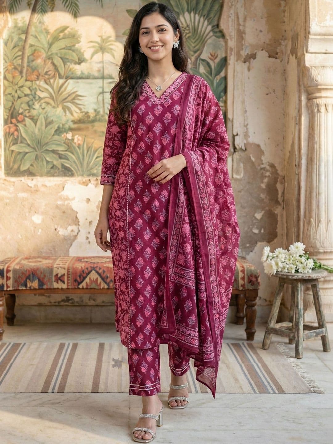 SANSKRUTIHOMES Sequinned Floral Printed Kurta Trouser Set With Dupatta - view 1