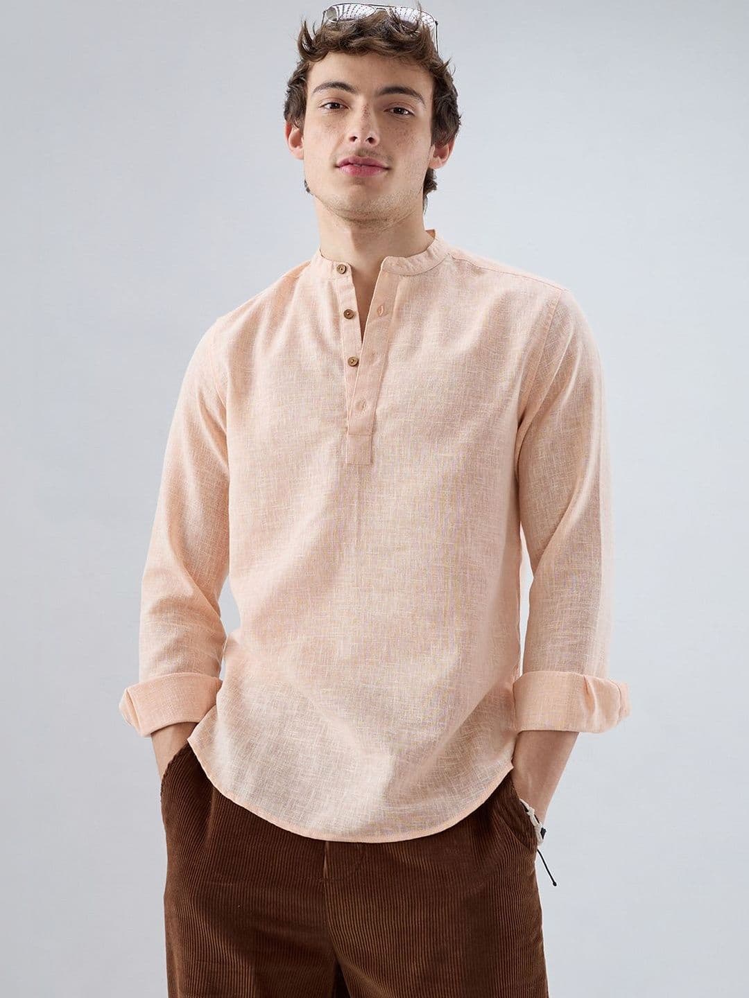 VASTRADO Creamy Peach Slub Textured Kurta - view 1