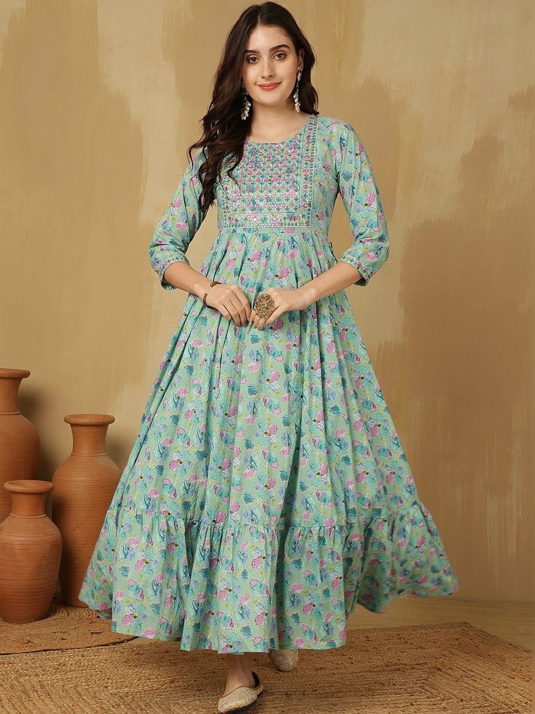 GLAM ROOTS Women Floral Printed Flared Sleeves Mirror Work Floral Anarkali Kurta - view 1