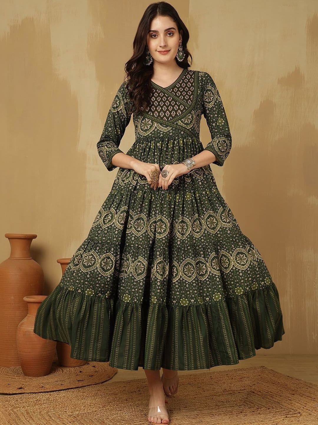 GLAM ROOTS Women Floral Printed Flared Sleeves Mirror Work Tiering Anarkali Kurta - view 1