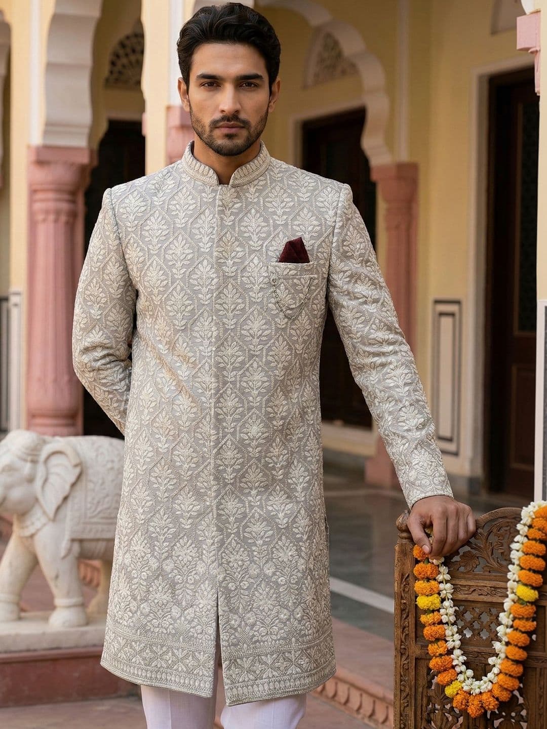 Jompers Embroidered Mandarin Collar Sherwani