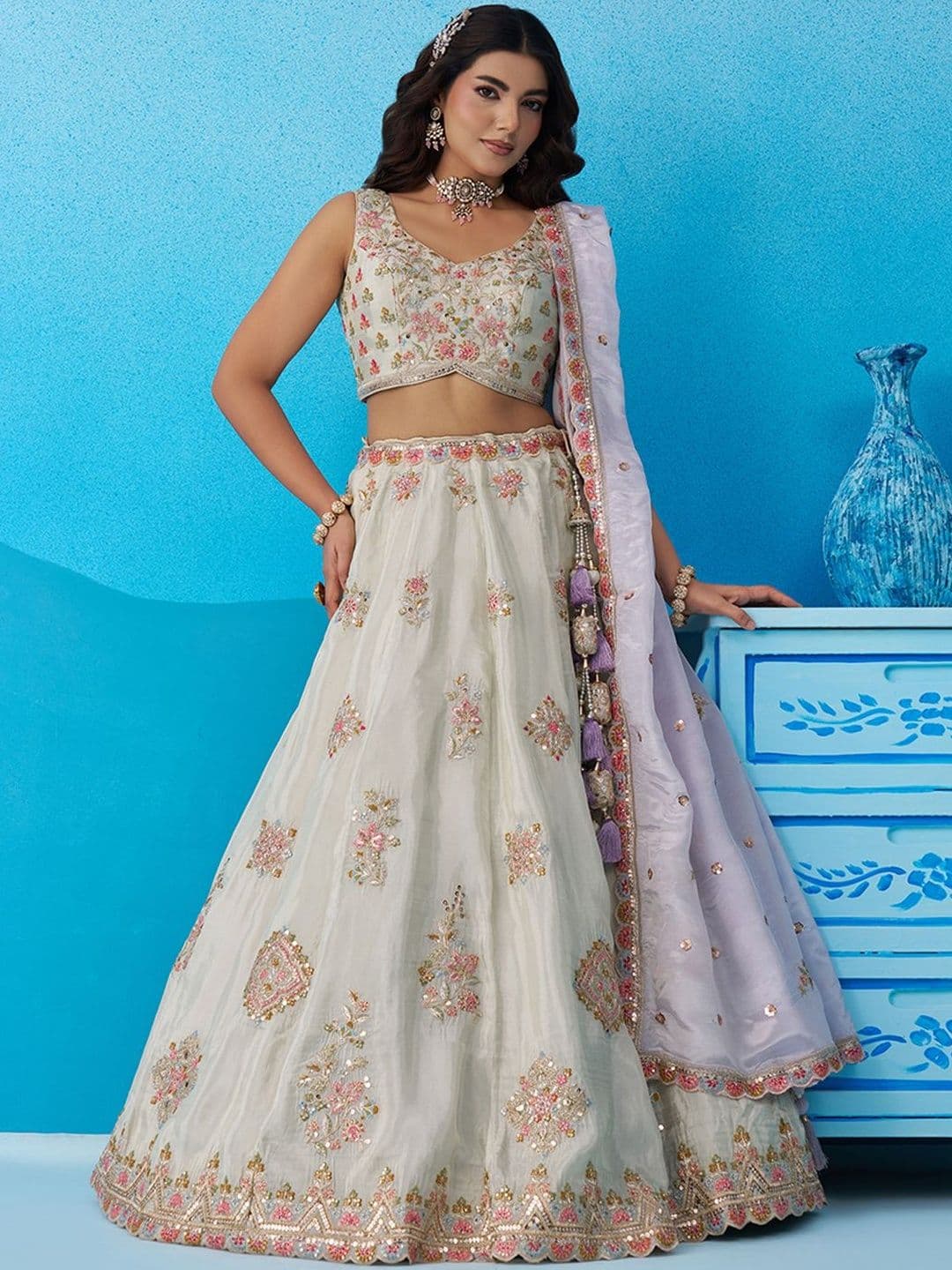 panchhi Sequinned Embroidered Tissue Lehenga Choli With Dupatta - view 1