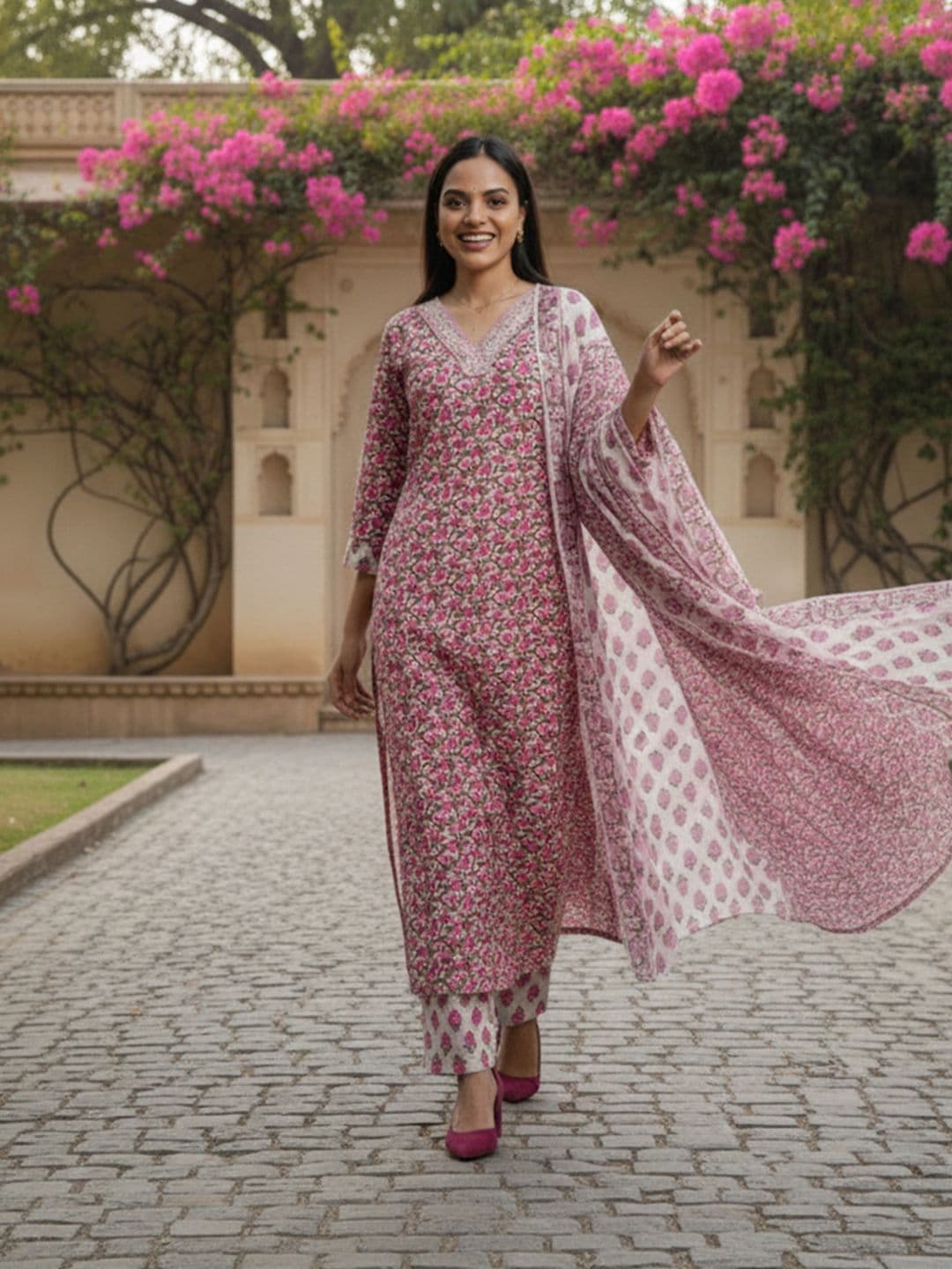 Varanga Women Floral Printed Regular Thread Work Pure Cotton Kurta with Trousers & With Dupatta - view 1