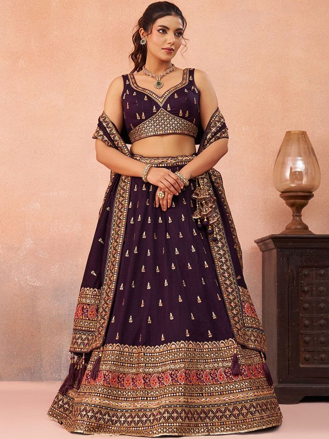 panchhi Sequinned Embroidered Silk Lehenga Choli With Dupatta - view 1