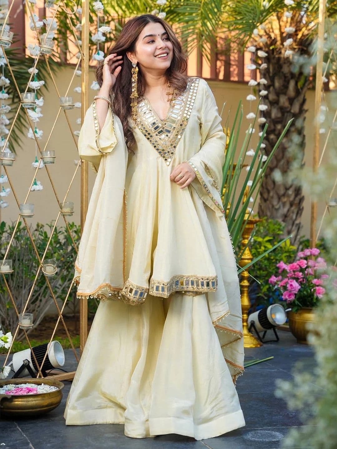 SOURAGYA Women Regular Mirror Work Silk Crepe Kurta with Sharara & With Dupatta - view 1