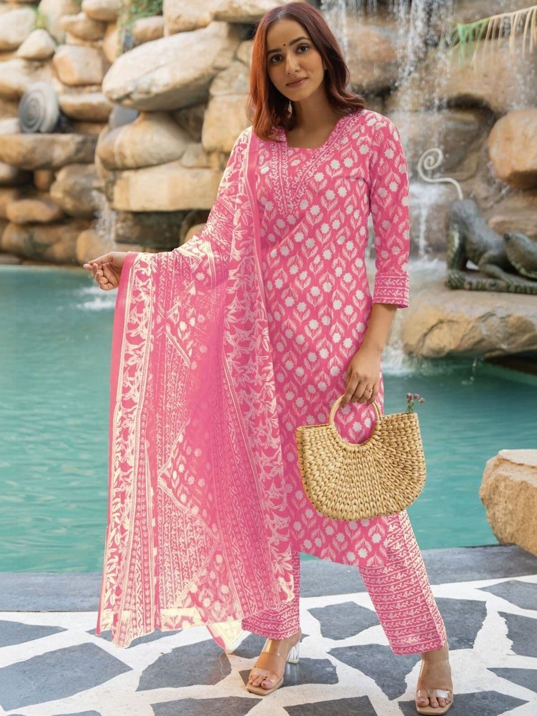 KALINI Women Floral Printed Regular Pure Cotton Kurta with Trousers & With Dupatta - view 1