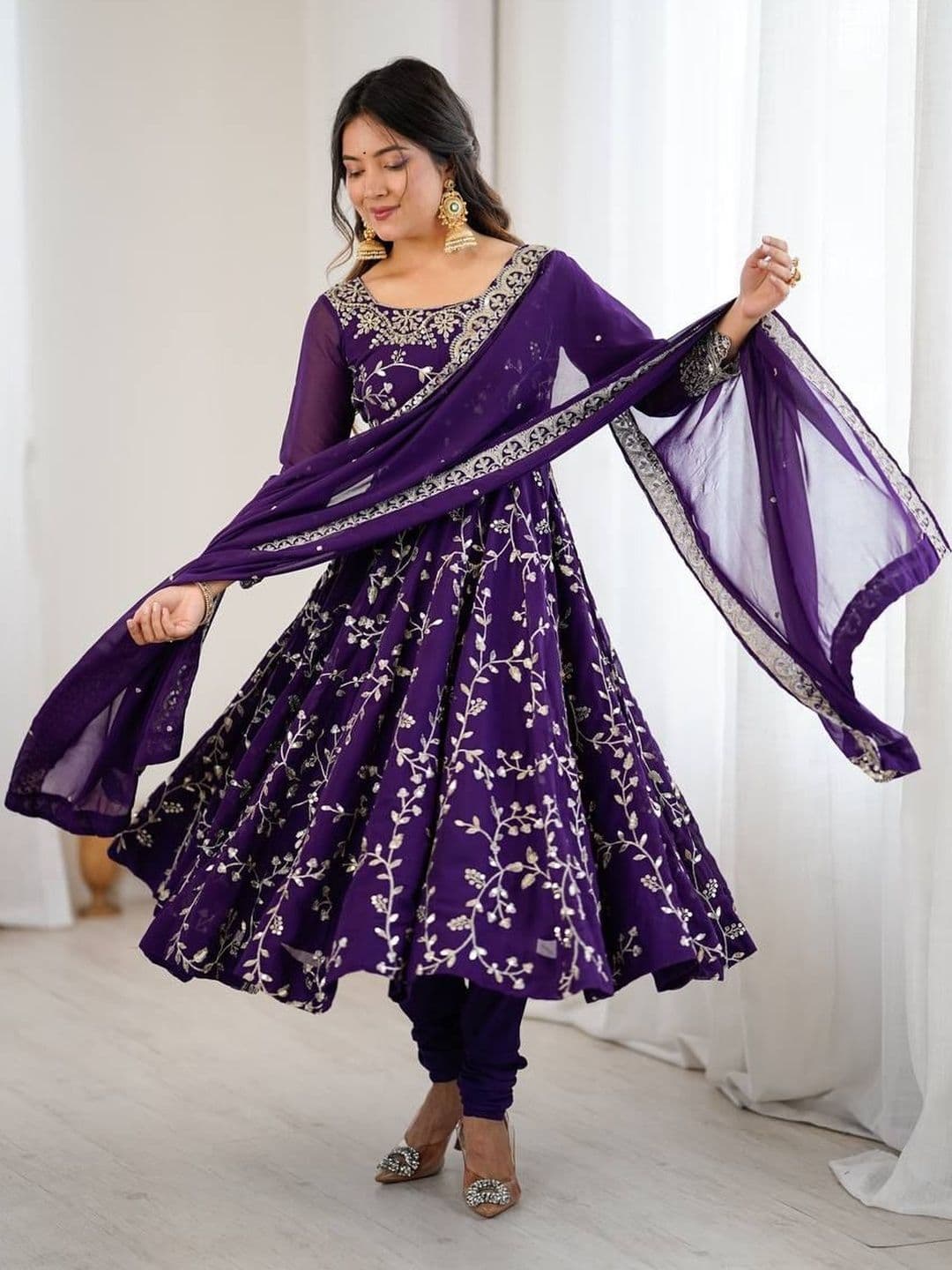 HERE&NOW Women Ethnic Motifs Embroidered Tiered Thread Work Kurta with Churidar & With Dupatta - view 1